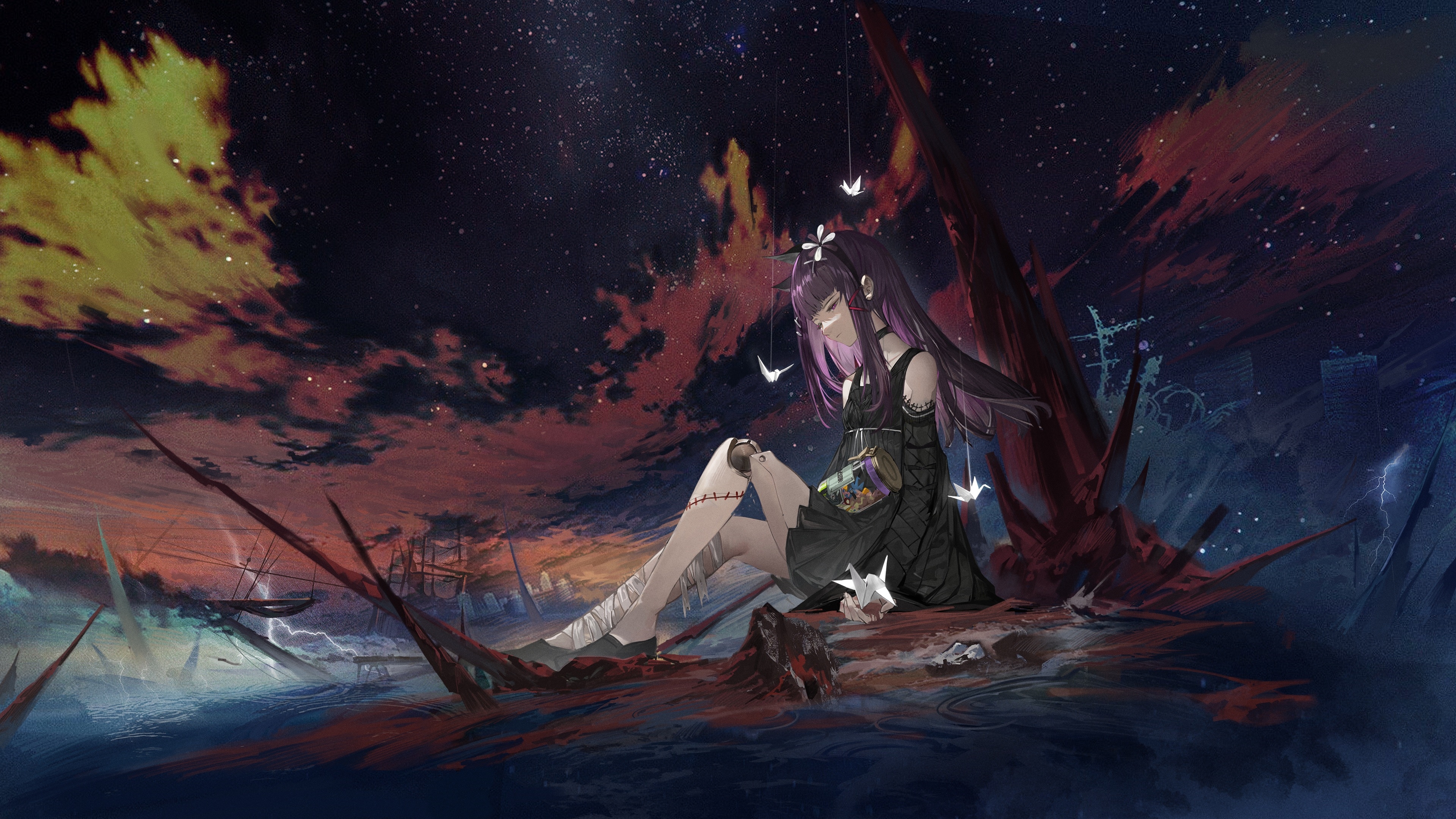 4K Anime Girl with Purple Hair and Origami HD Wallpaper