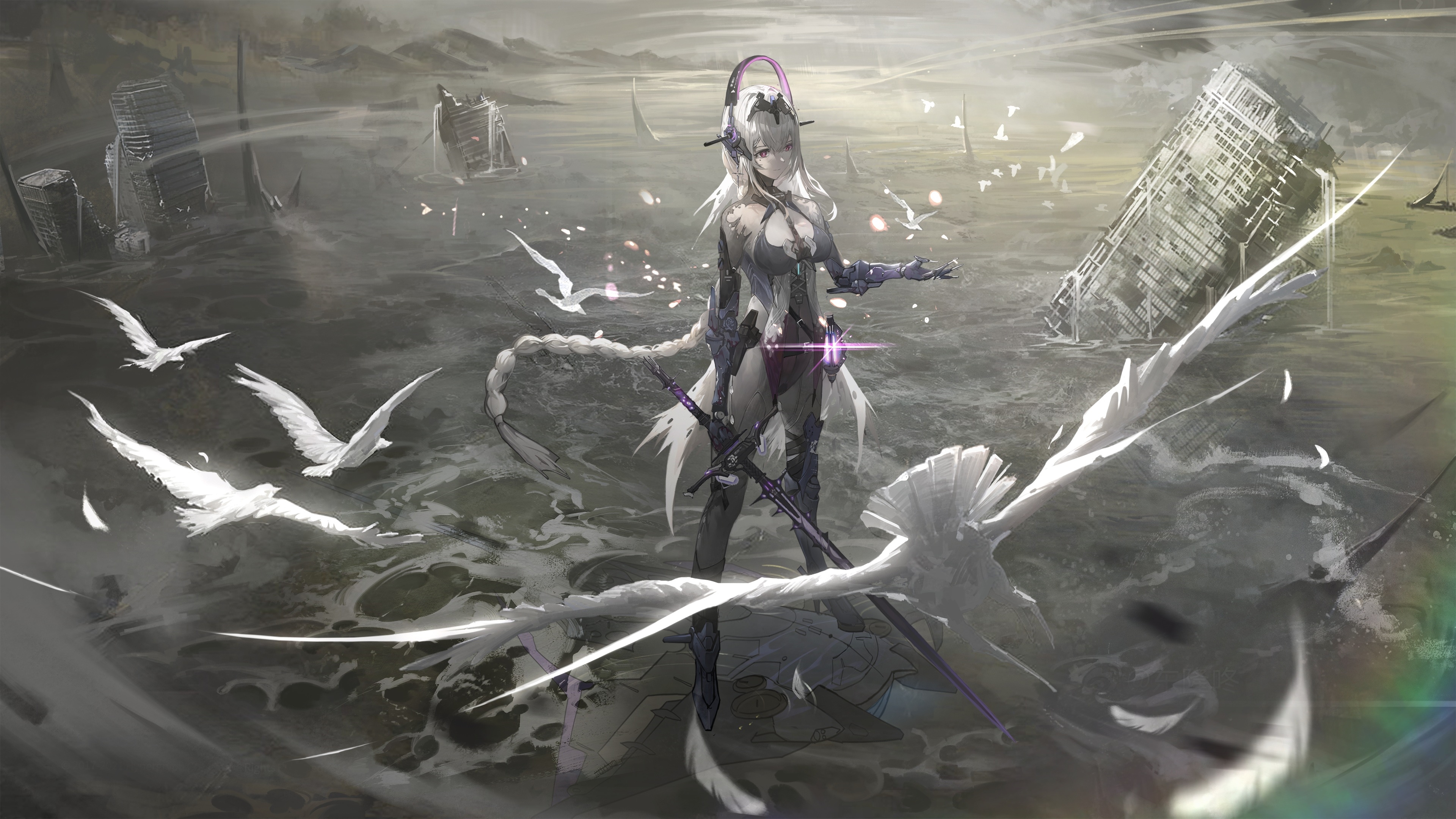 Bianca (Punishing: Gray Raven) in ruins with birds HD Wallpaper