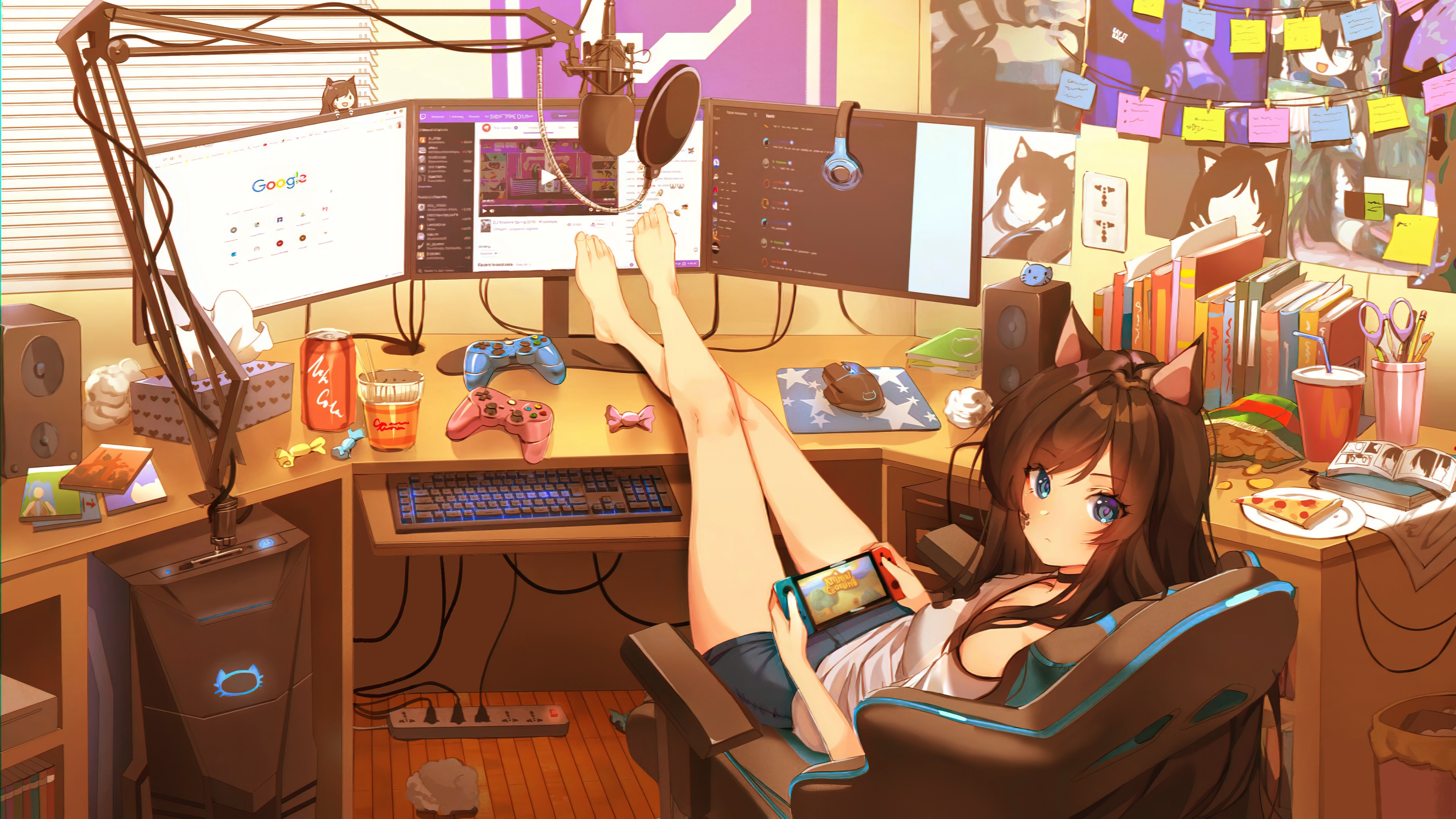 Gamer Girl with Cat Ears Playing Nintendo Switch HD Wallpaper