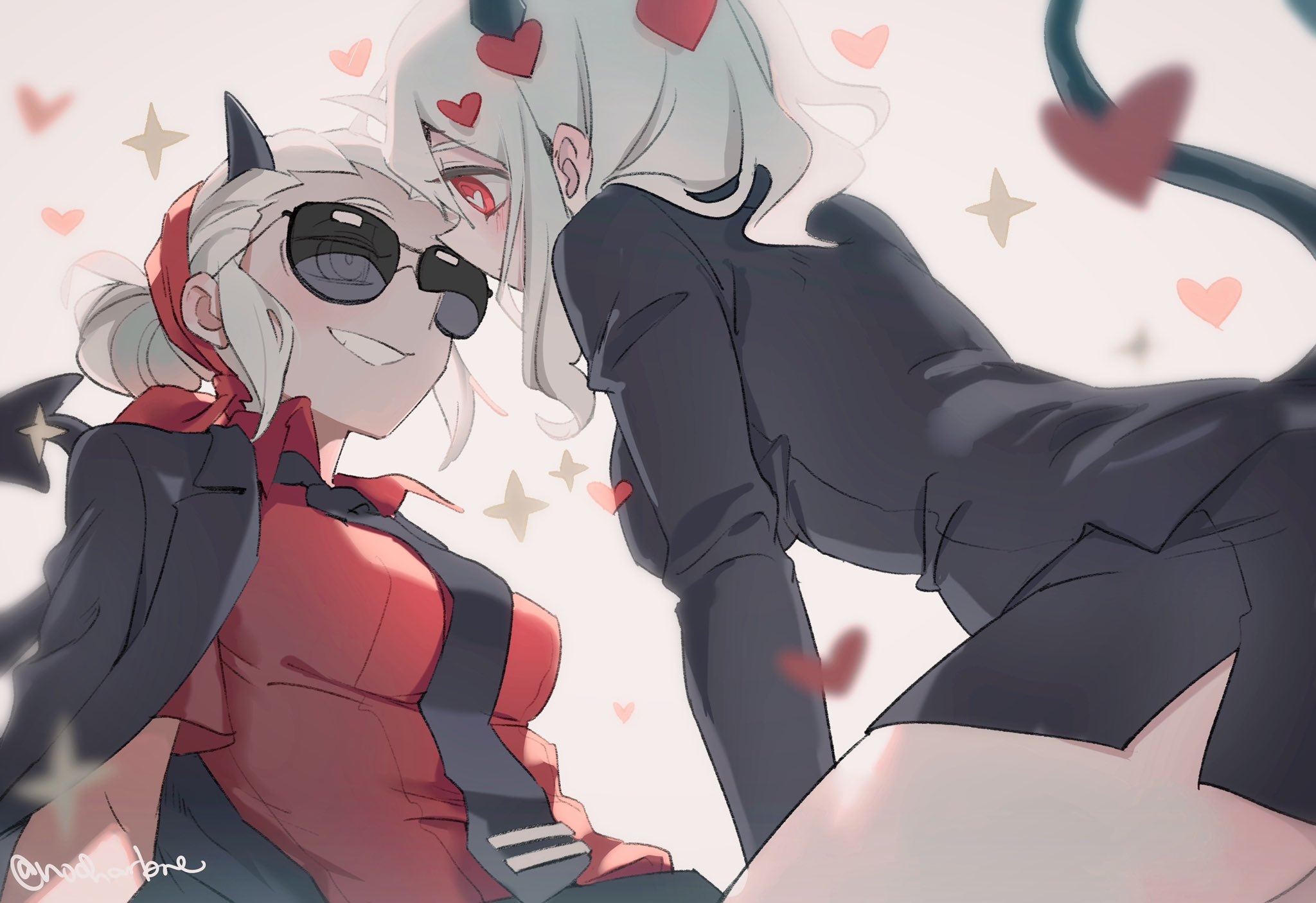 Justice and Modeus from Helltaker with hearts HD Wallpaper