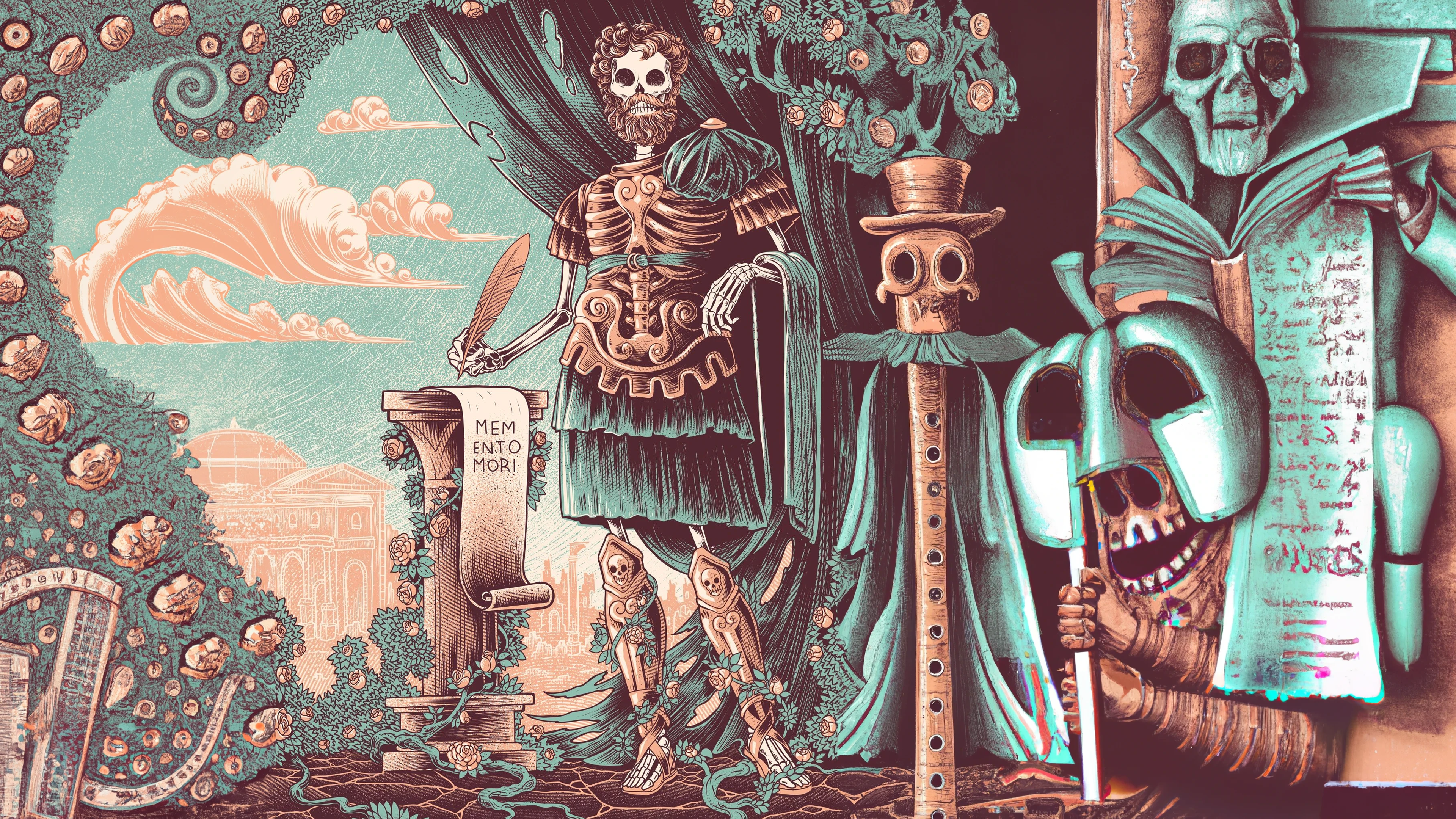 4K Memento Mori Skeleton with Roman Elements HD Wallpaper