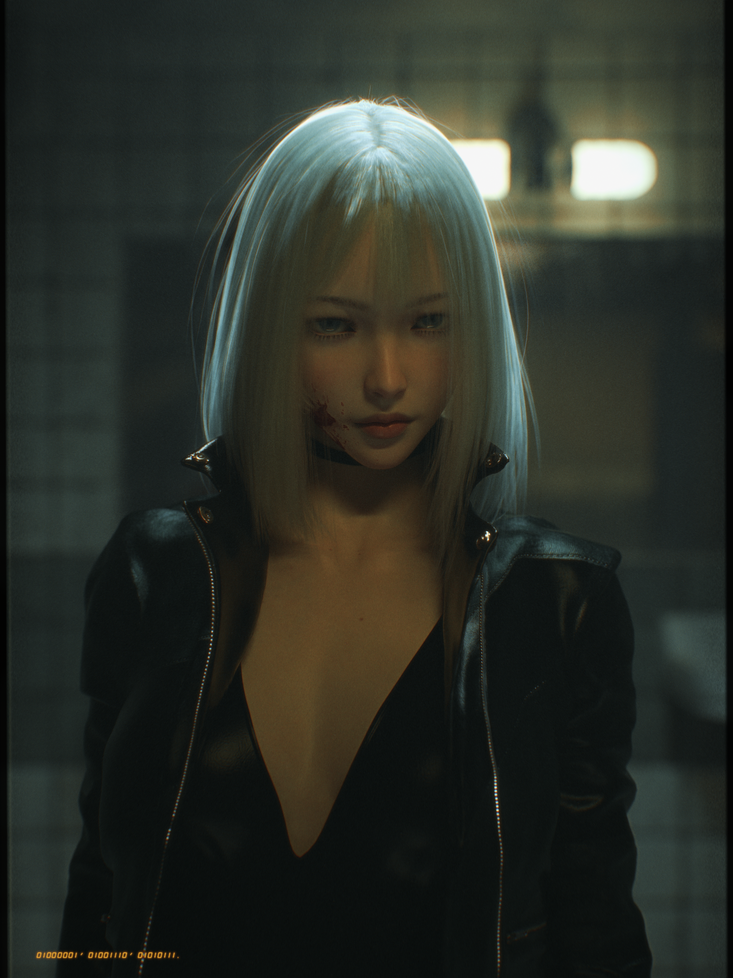 Woman with white hair and black jacket HD Phone Wallpaper