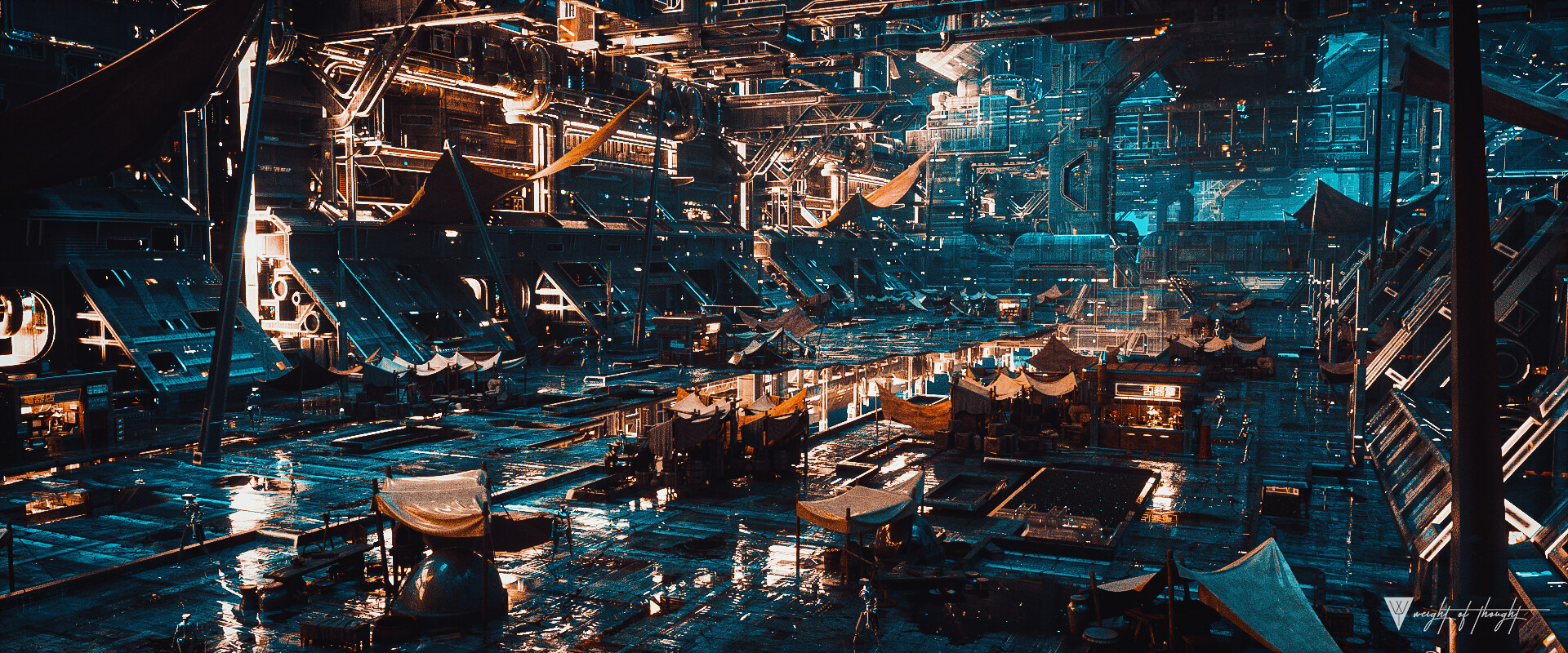 Science fiction marketplace on a space station HD Wallpaper