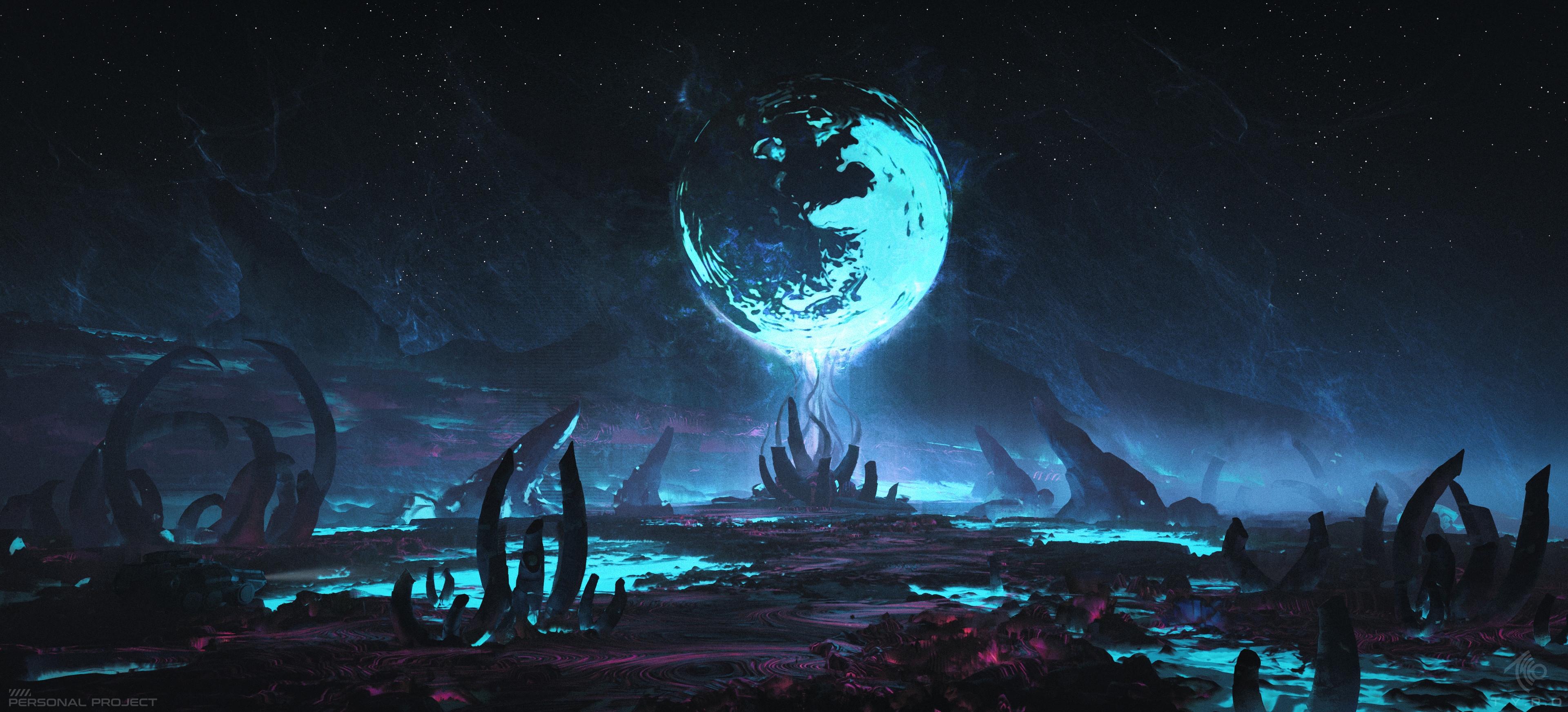 4K Alien Landscape with Glowing Sphere HD Wallpaper