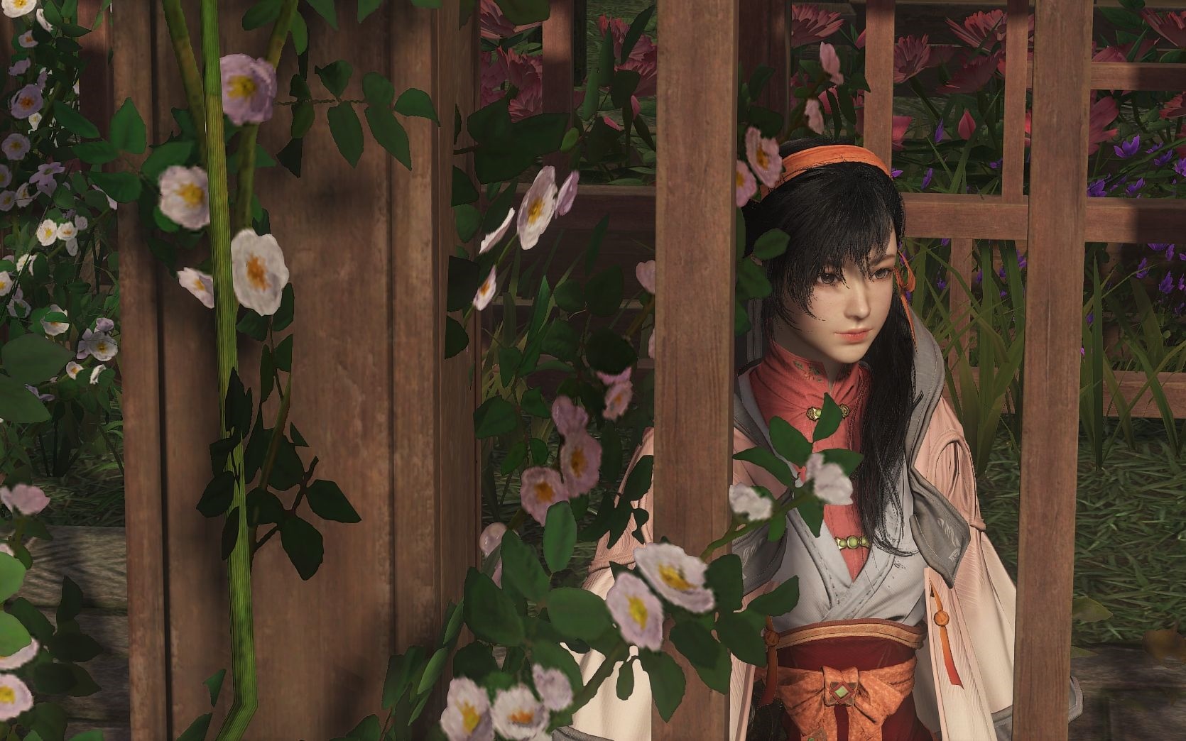 Girl in traditional Chinese clothing behind wooden fence with flowers HD Wallpaper