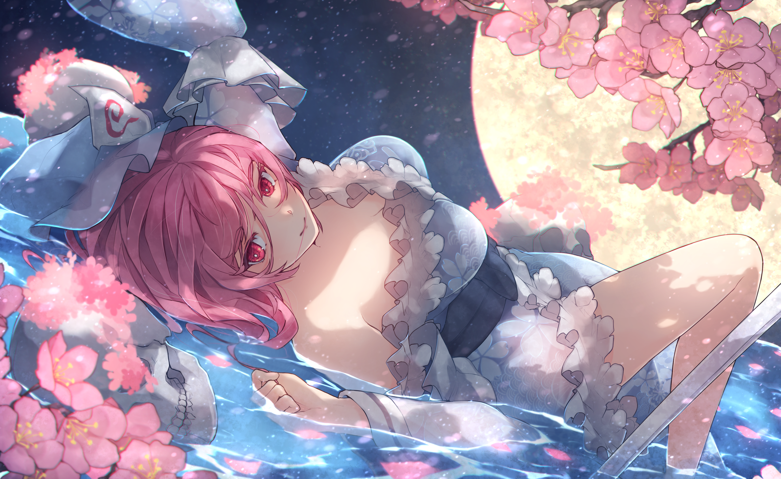 Saigyouji Yuyuko lying in water with cherry blossoms HD Wallpaper