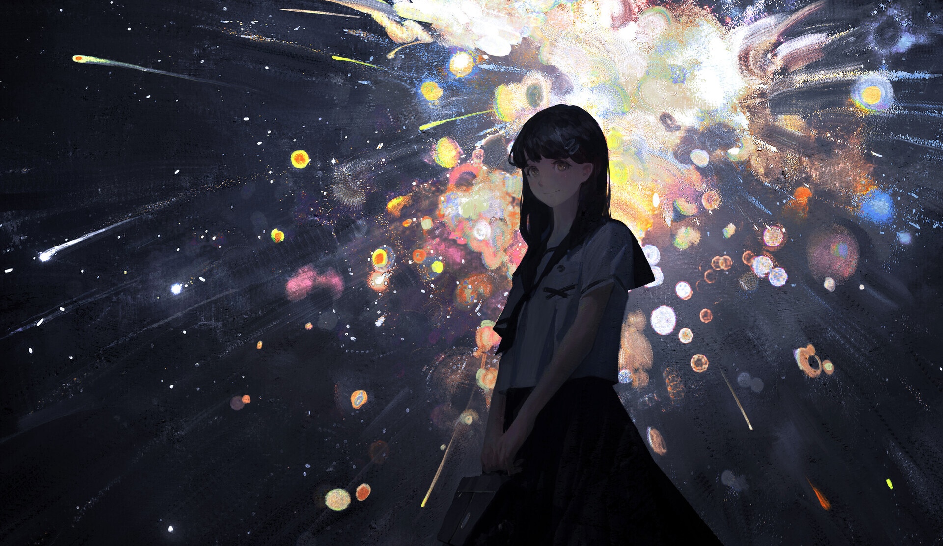 Anime girl in school uniform with fireworks HD Wallpaper