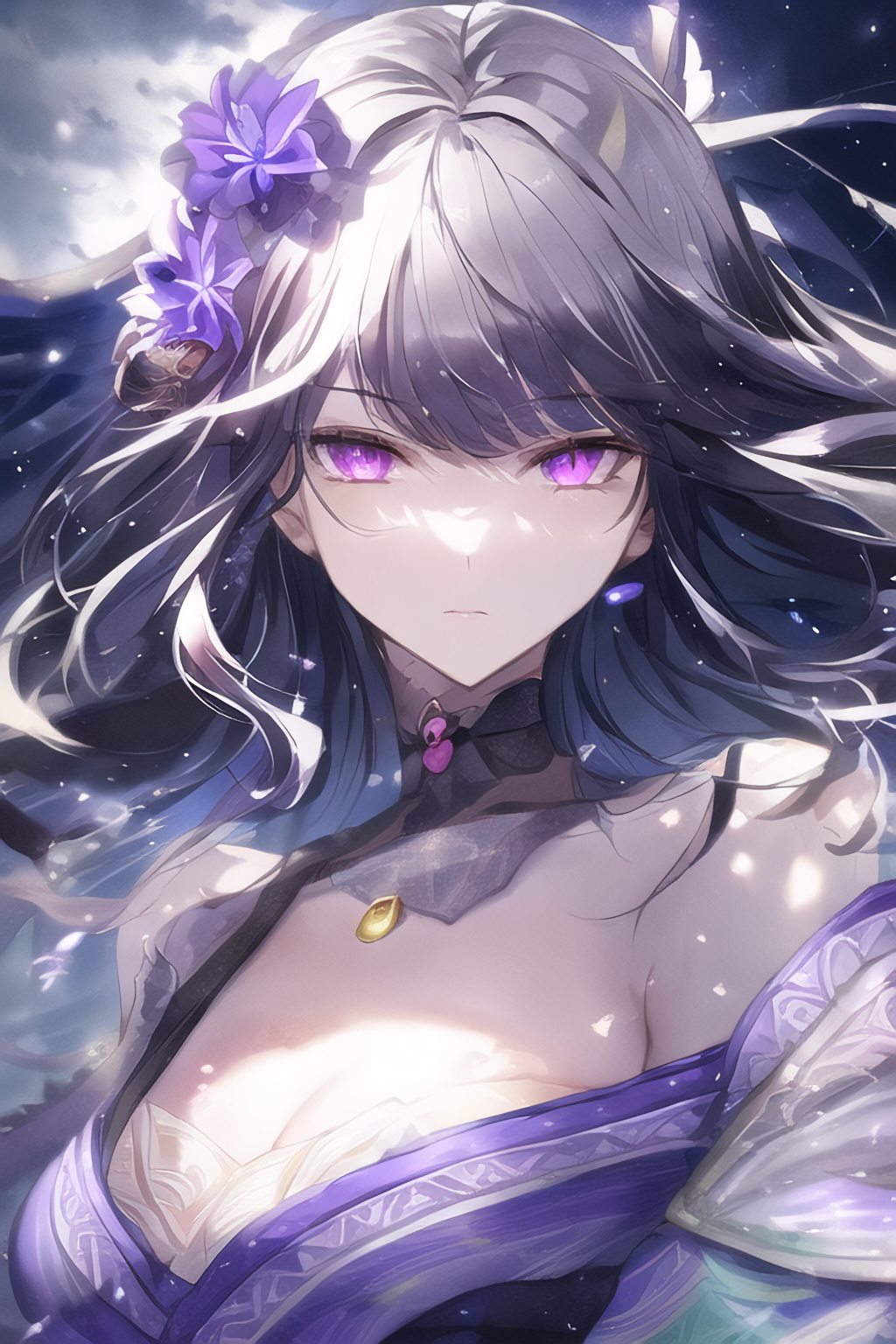 Raiden Shogun from Genshin Impact with purple hair and eyes HD Phone Wallpaper