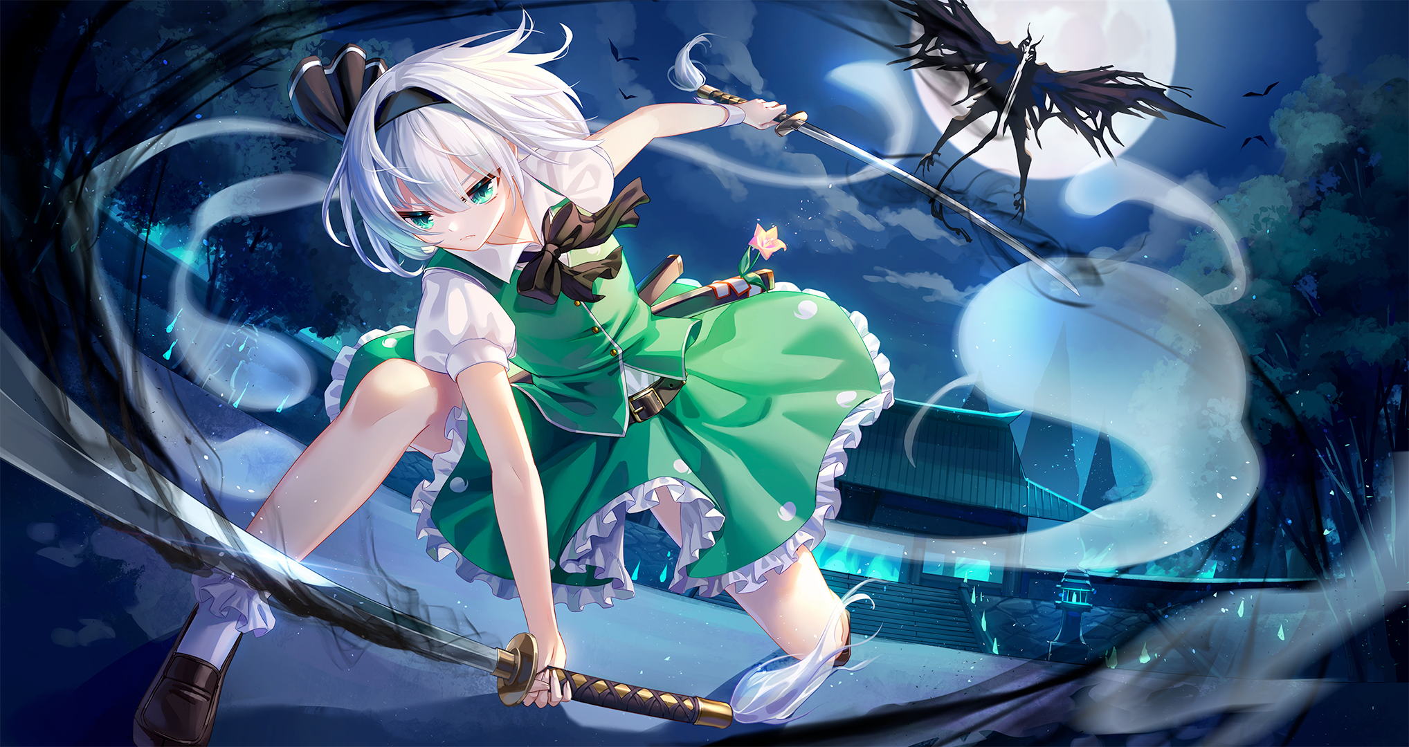 Konpaku Youmu with Sword under the Moon HD Wallpaper