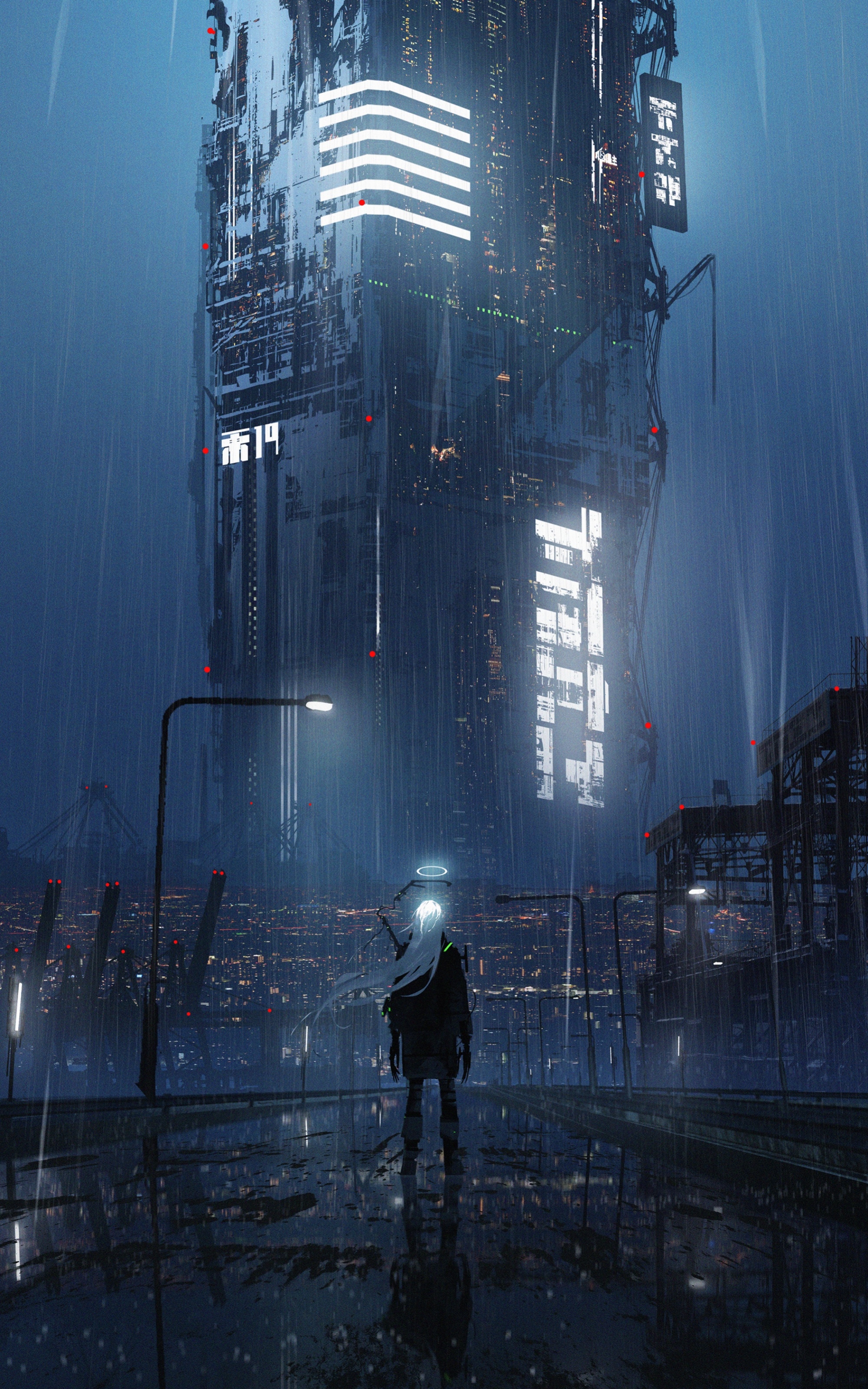 Figure in rain before a futuristic skyscraper HD Phone Wallpaper