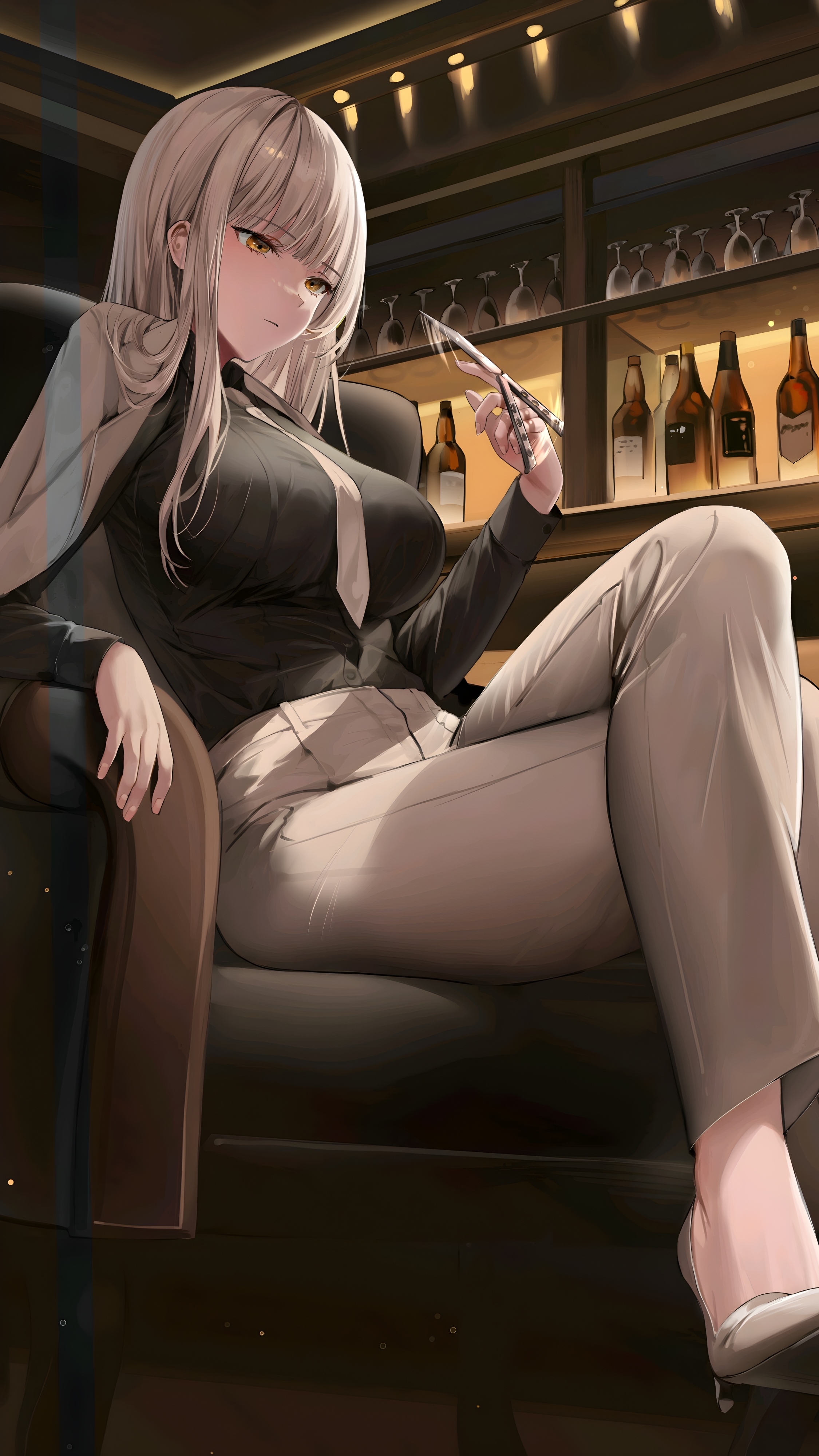 Anime girl with silver hair and yellow eyes holding a knife HD Phone Wallpaper