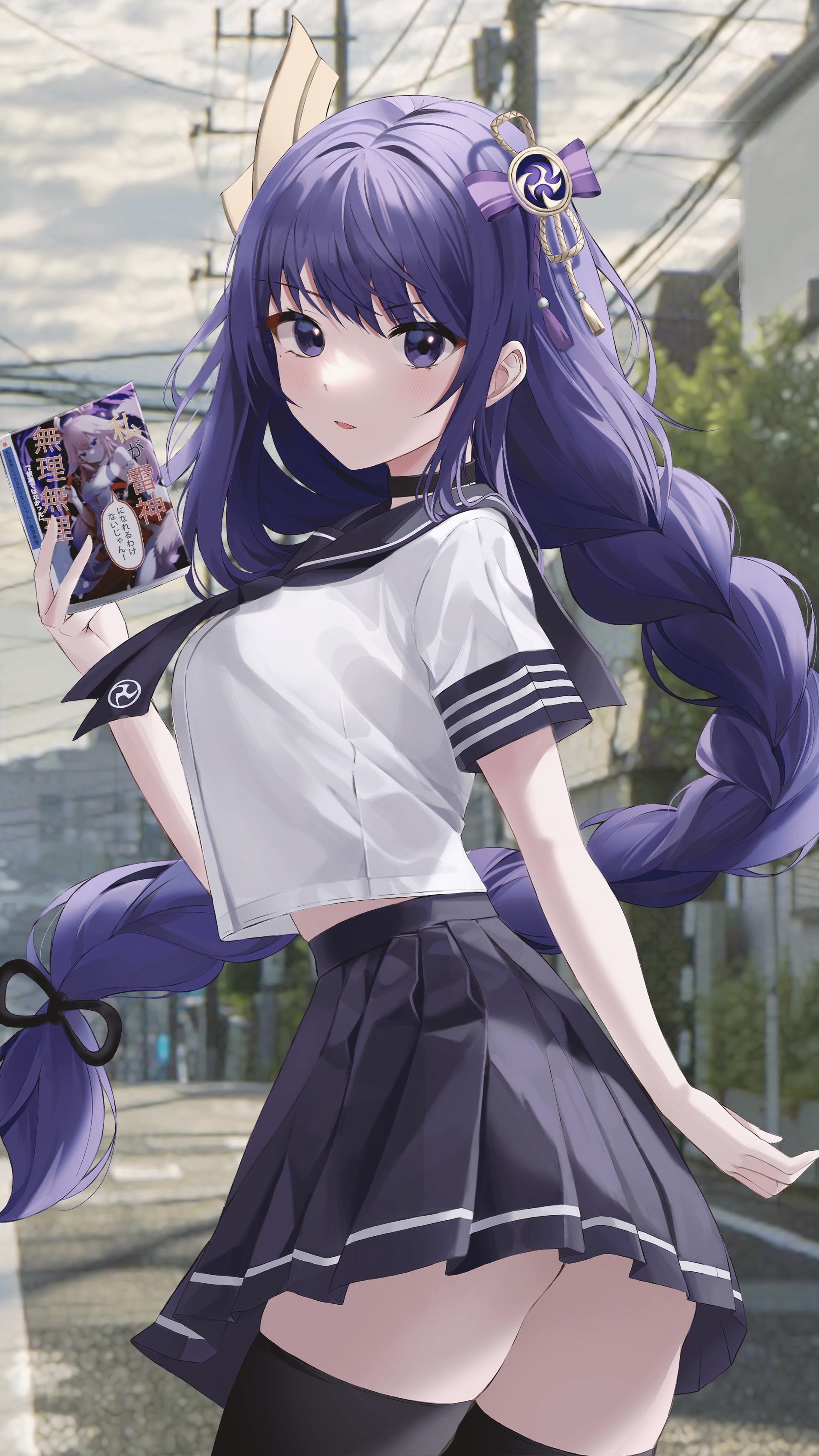 Raiden Shogun holding a book in a school uniform HD Phone Wallpaper