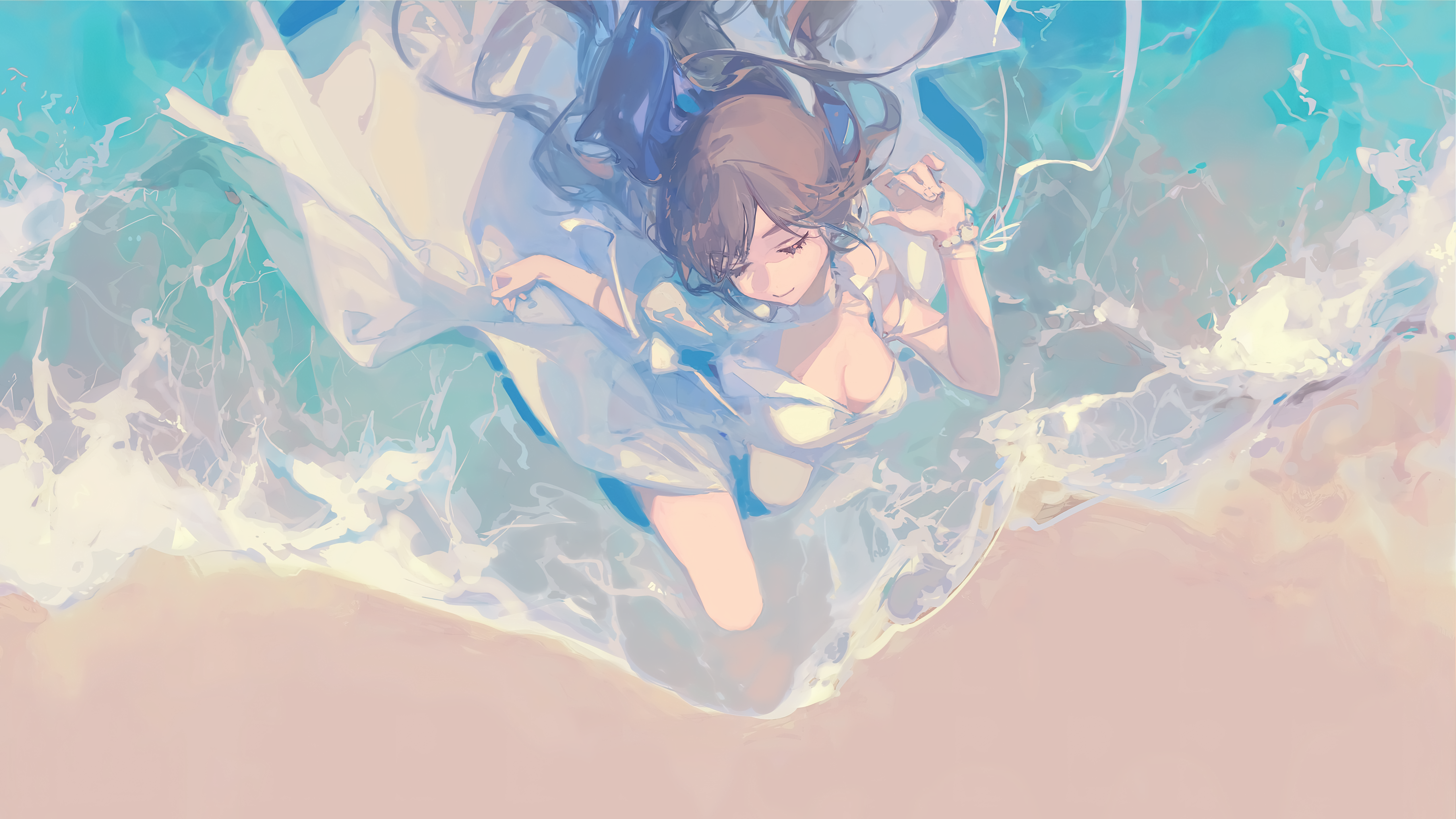 4K anime girl in white dress on beach HD Wallpaper