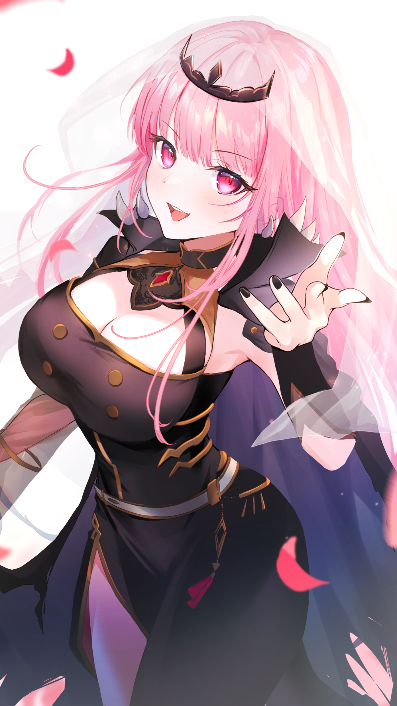 Mori Calliope with pink hair and petals HD Phone Wallpaper