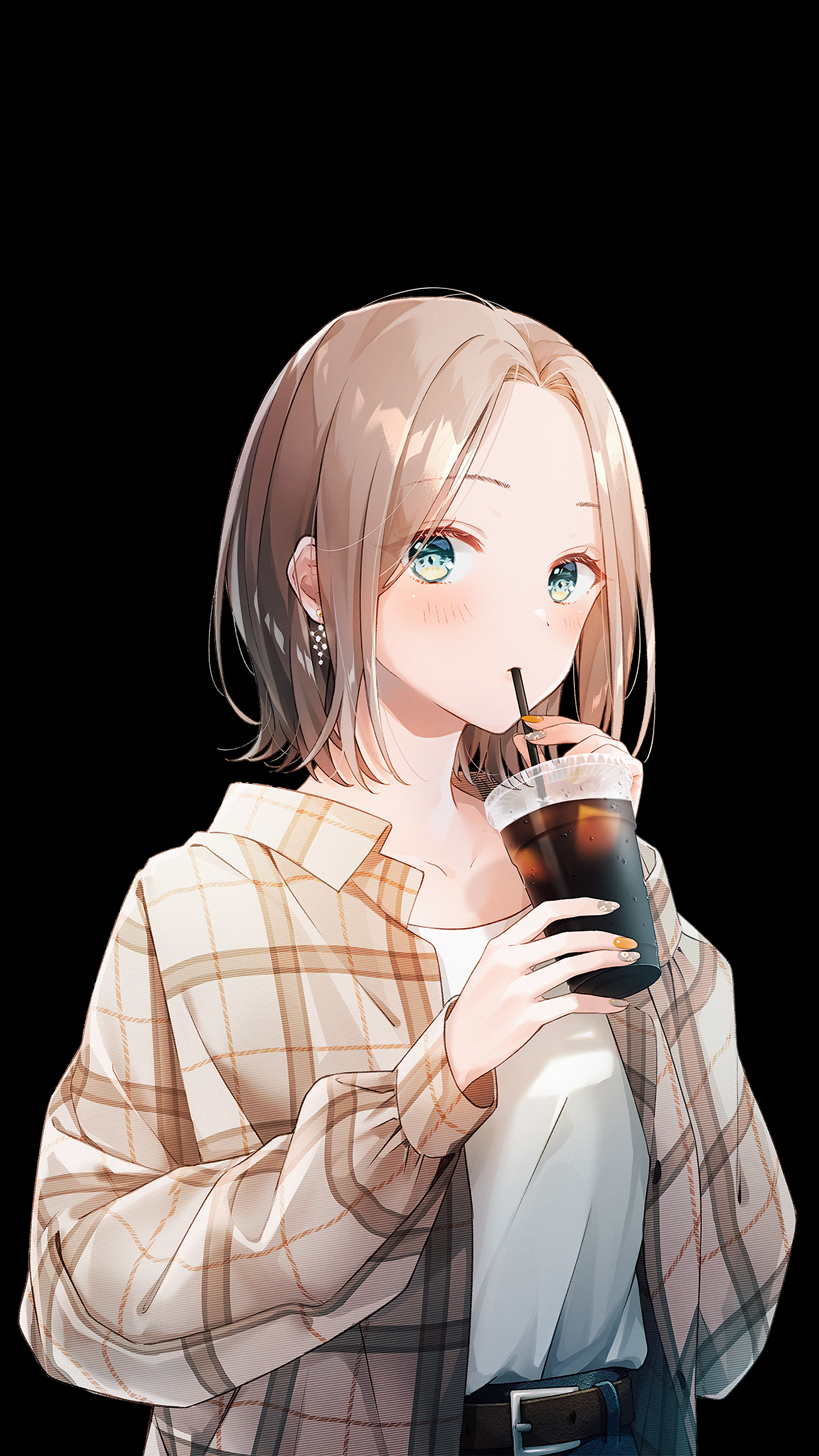 Anime girl with blue eyes drinking iced coffee HD Phone Wallpaper