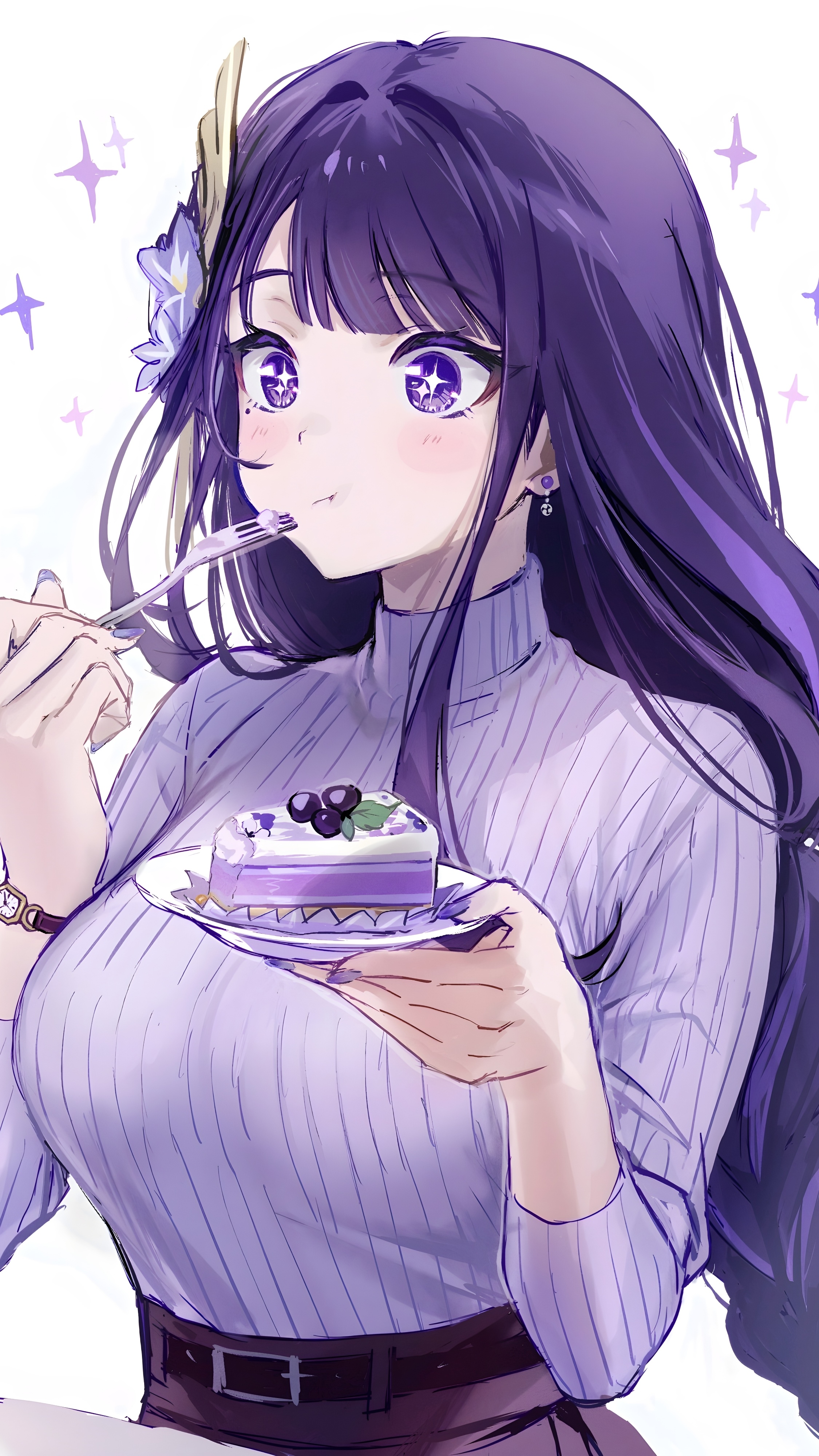 Raiden Shogun eating cake with purple eyes HD Phone Wallpaper