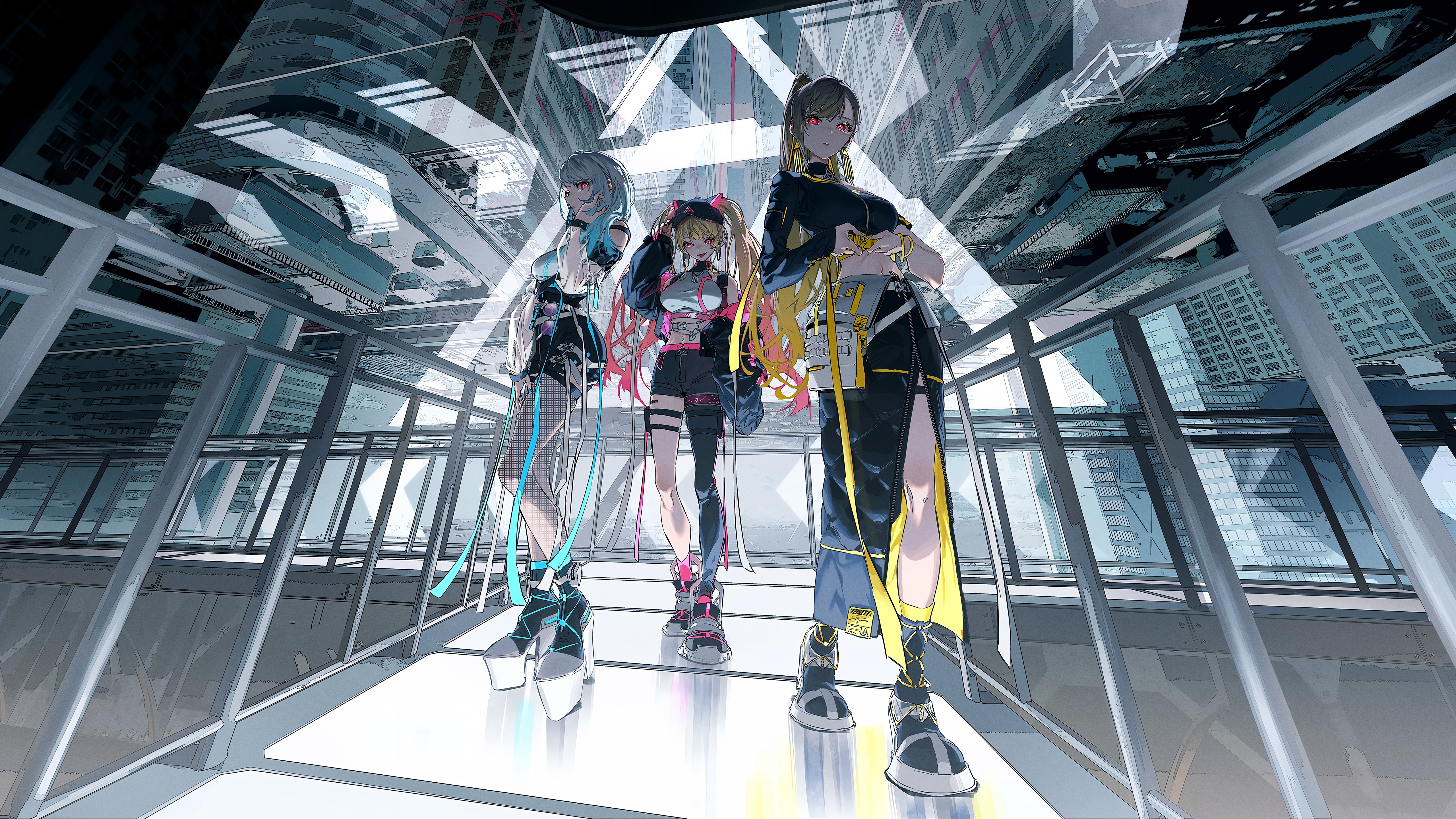 Rolua Noa women trio in futuristic city HD Wallpaper