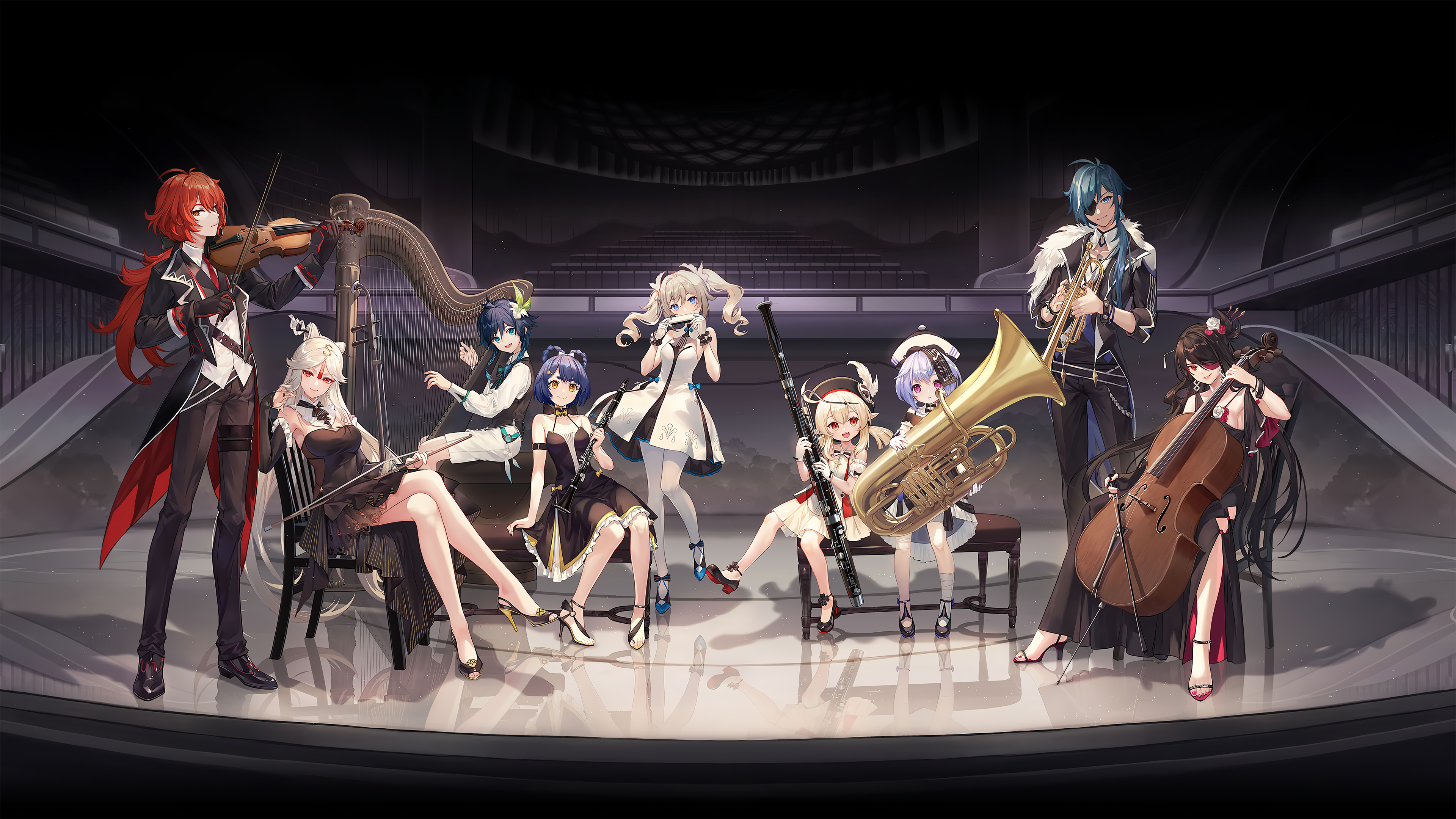 Genshin Impact Orchestra with Diluc, Venti, and Kaeya HD Wallpaper