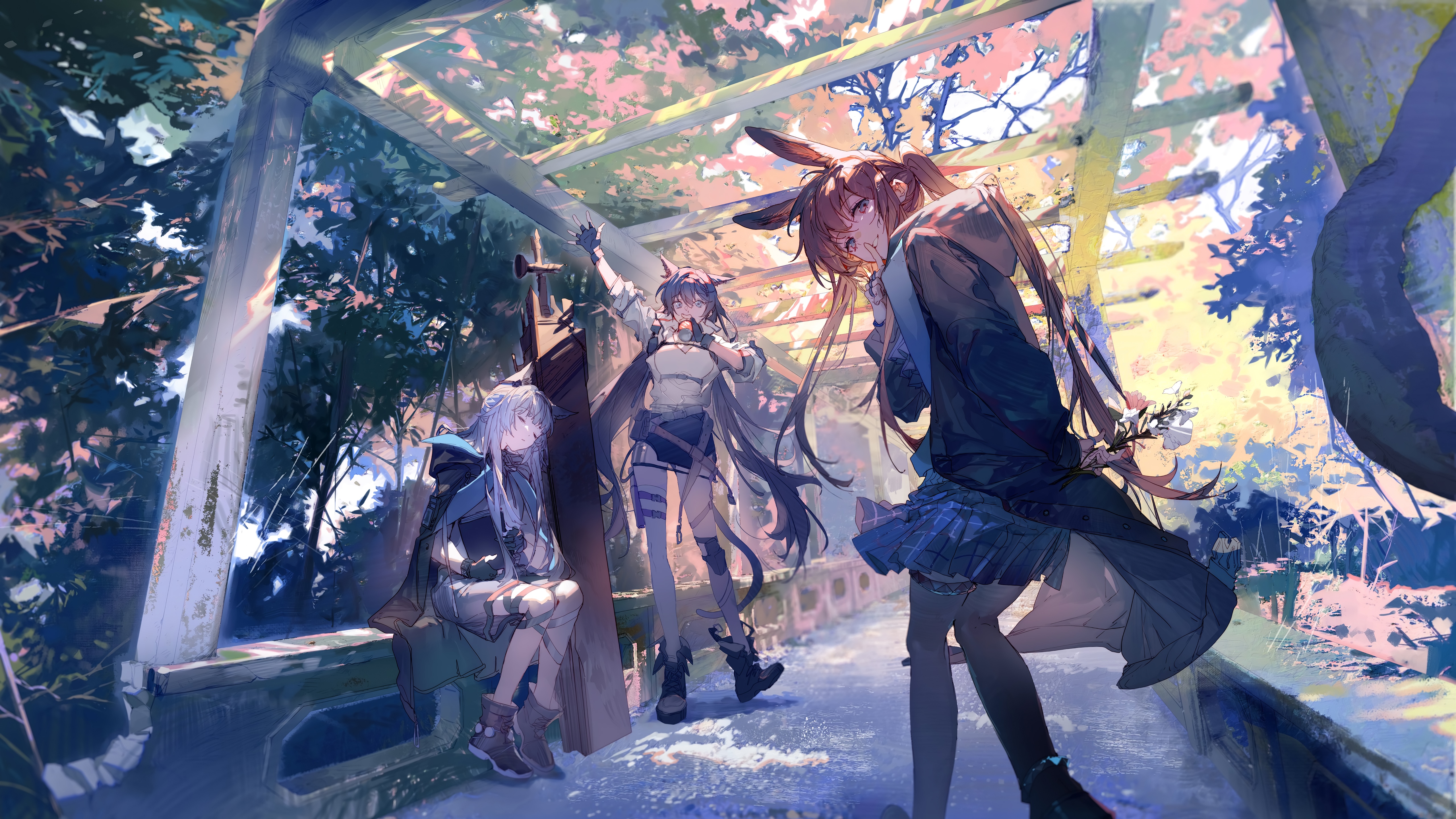 Arknights: Rosmontis, Blaze, and Amiya in a garden HD Wallpaper