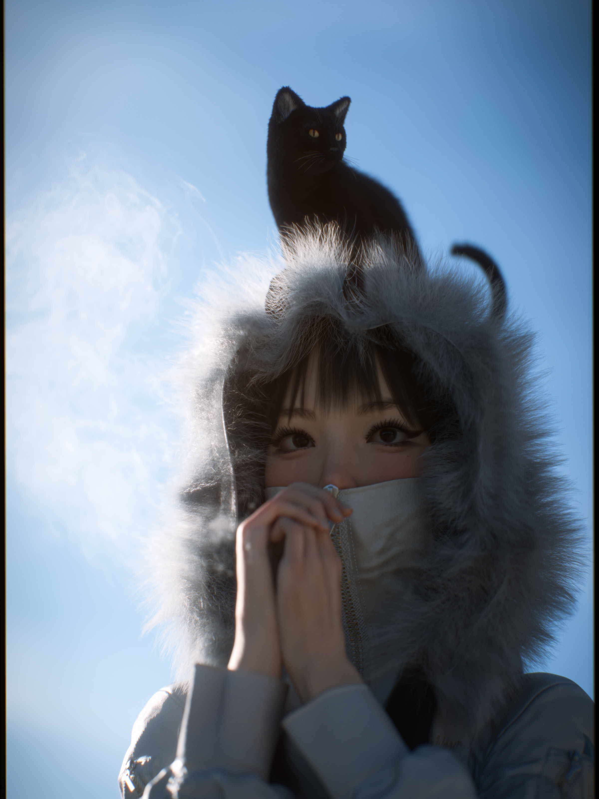 Black cat on a woman's head in a furry hood HD Phone Wallpaper