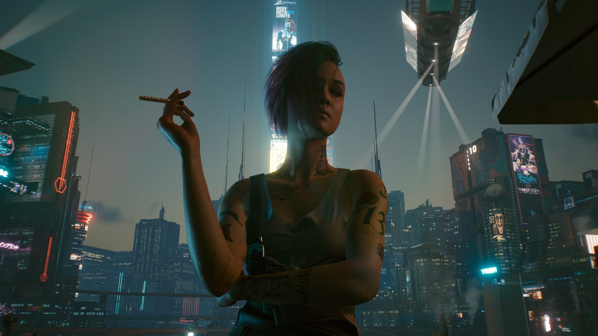Judy Alvarez smoking in Cyberpunk 2077 city HD Wallpaper