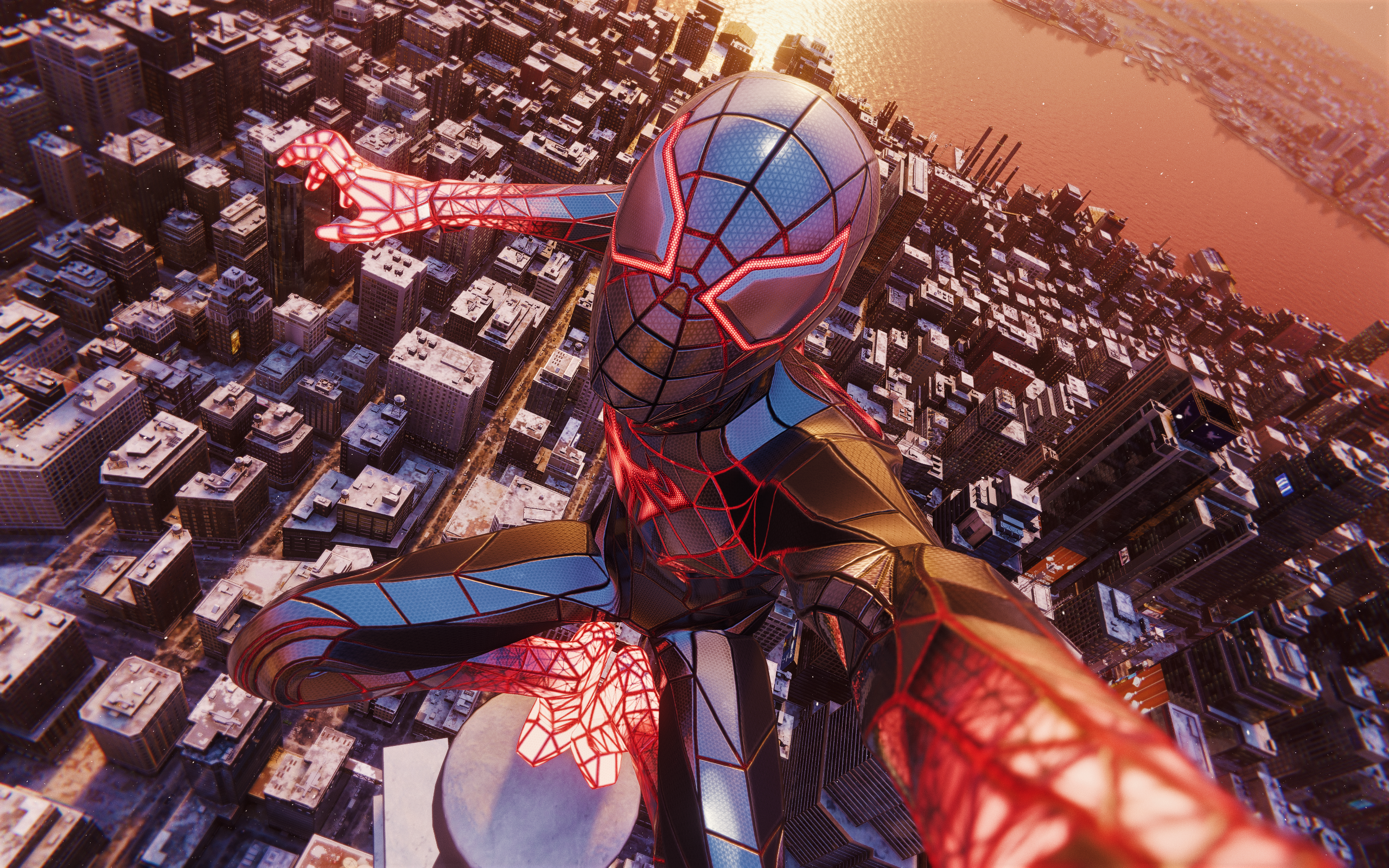 Miles Morales swinging through a city HD Wallpaper