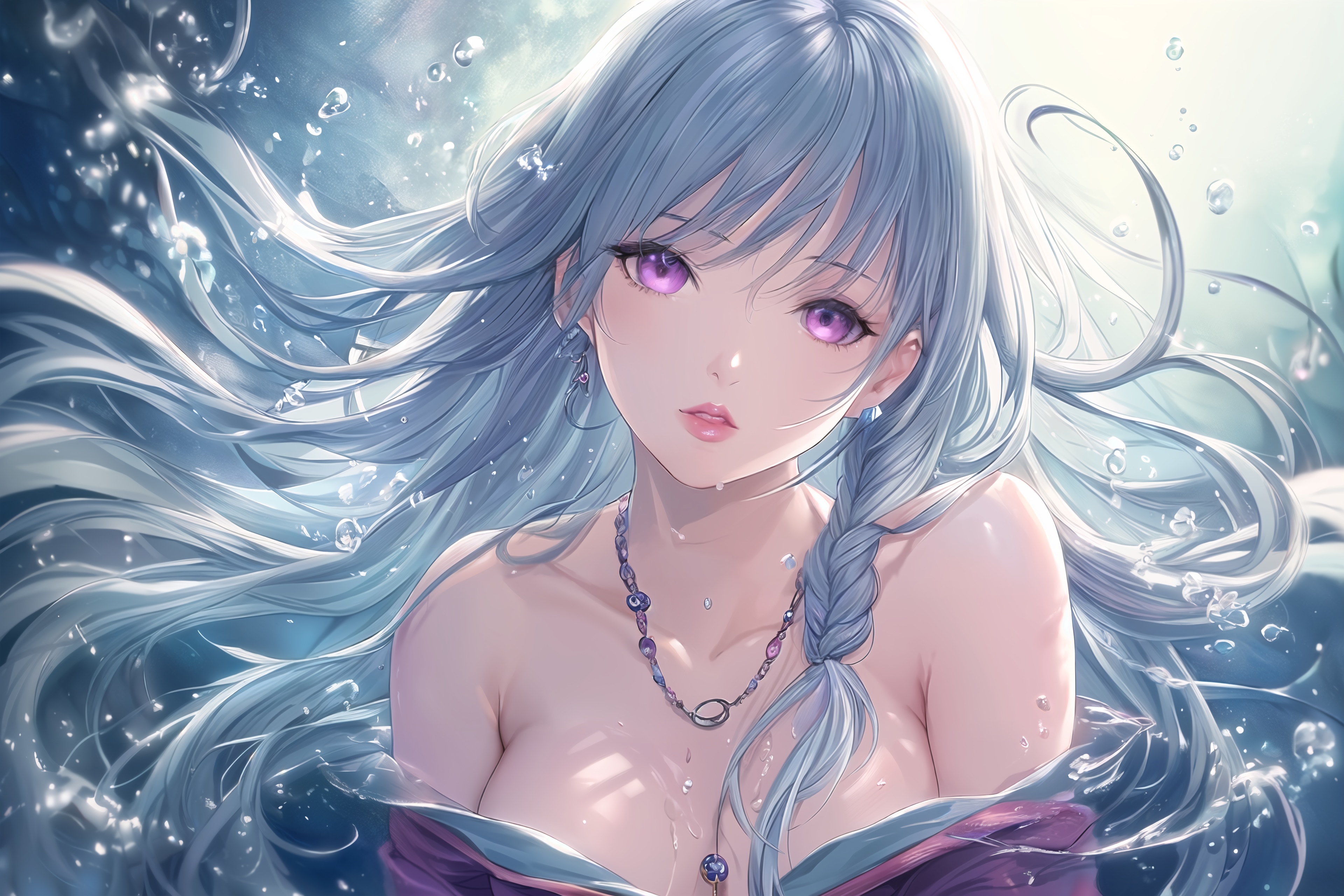 4K Anime Girl with Blue Hair and Purple Eyes Underwater HD Wallpaper