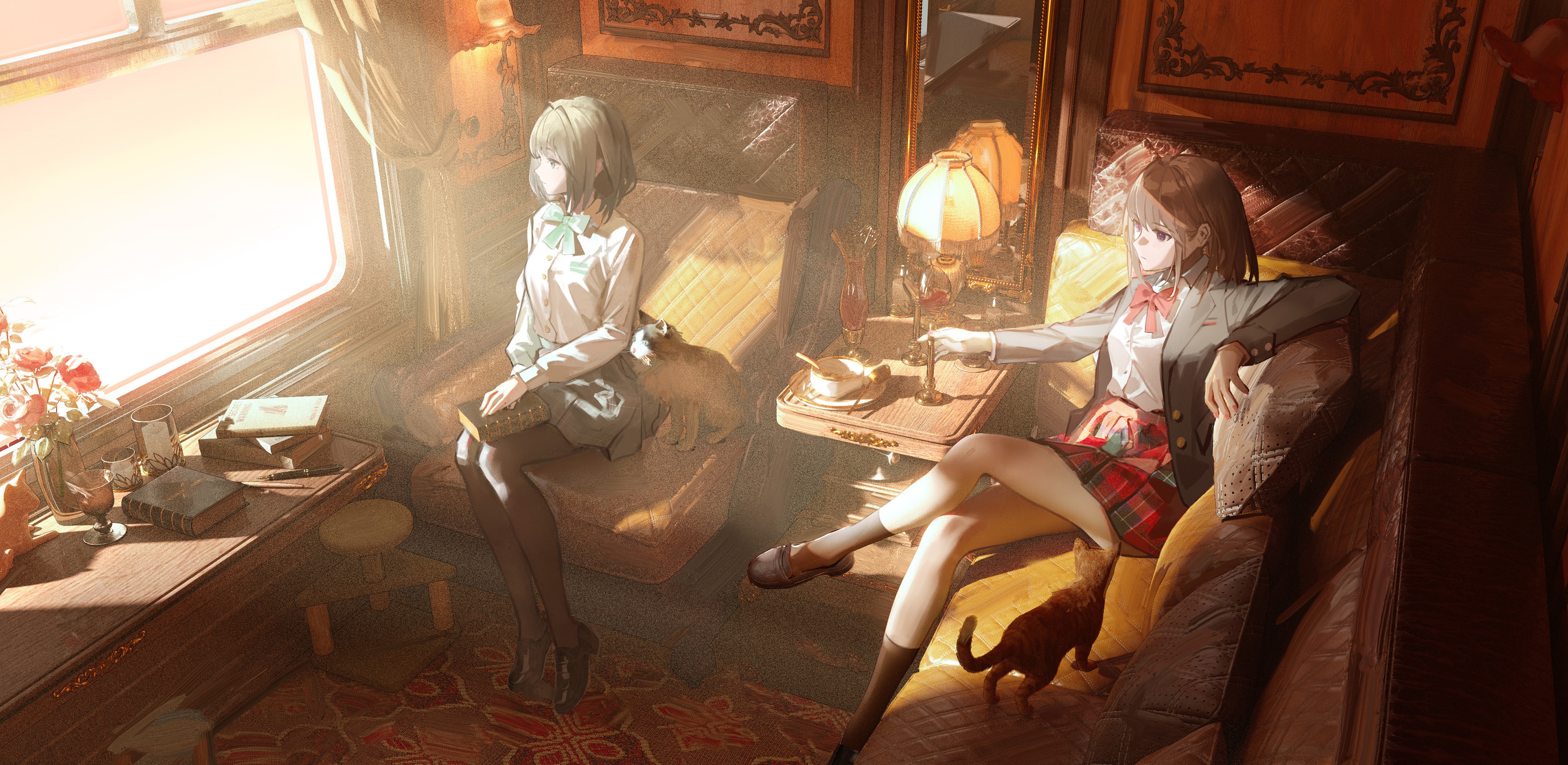 Two women and cats on a train at sunrise HD Wallpaper