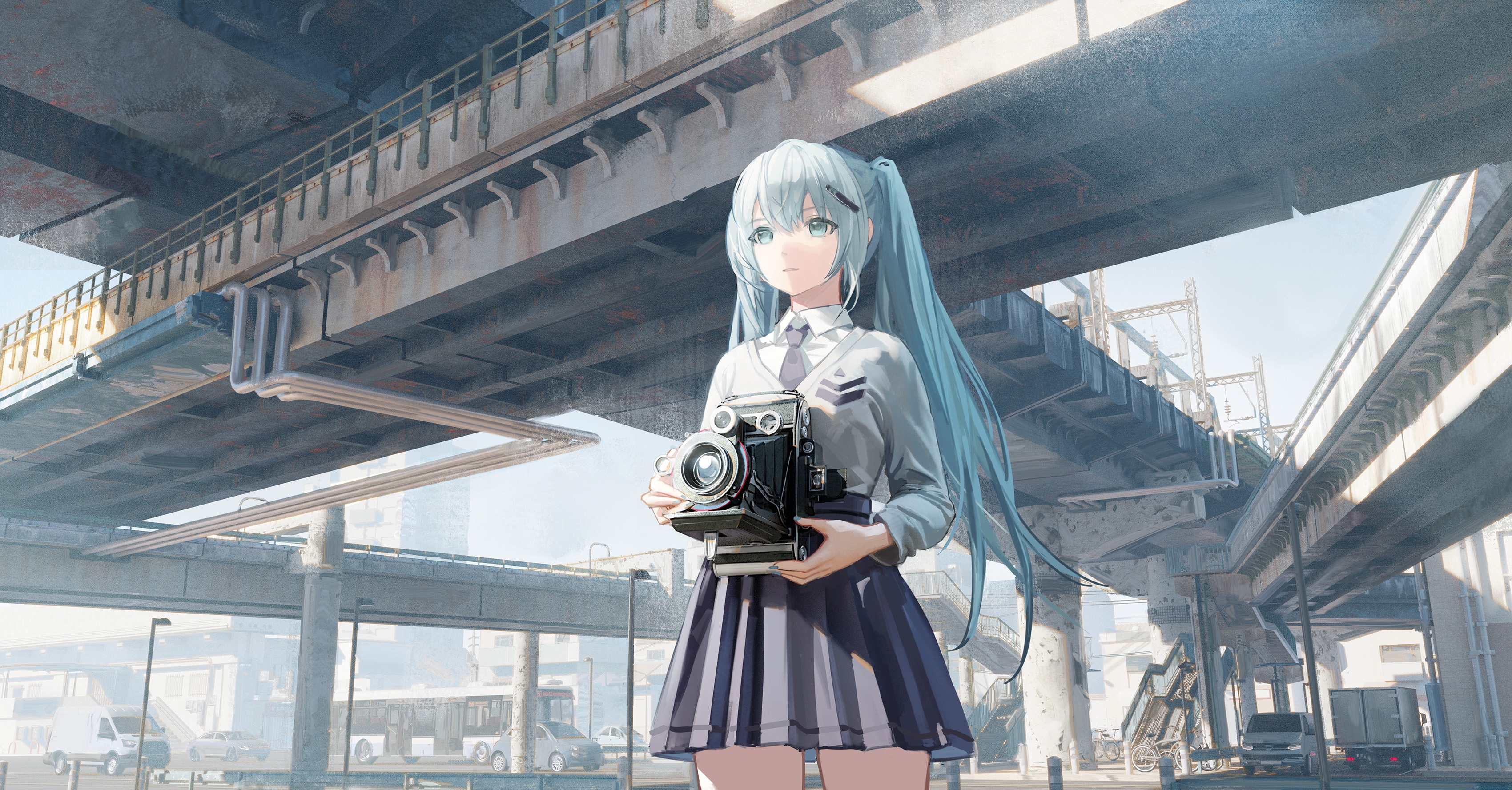 Hatsune Miku with a vintage camera under a bridge HD Wallpaper