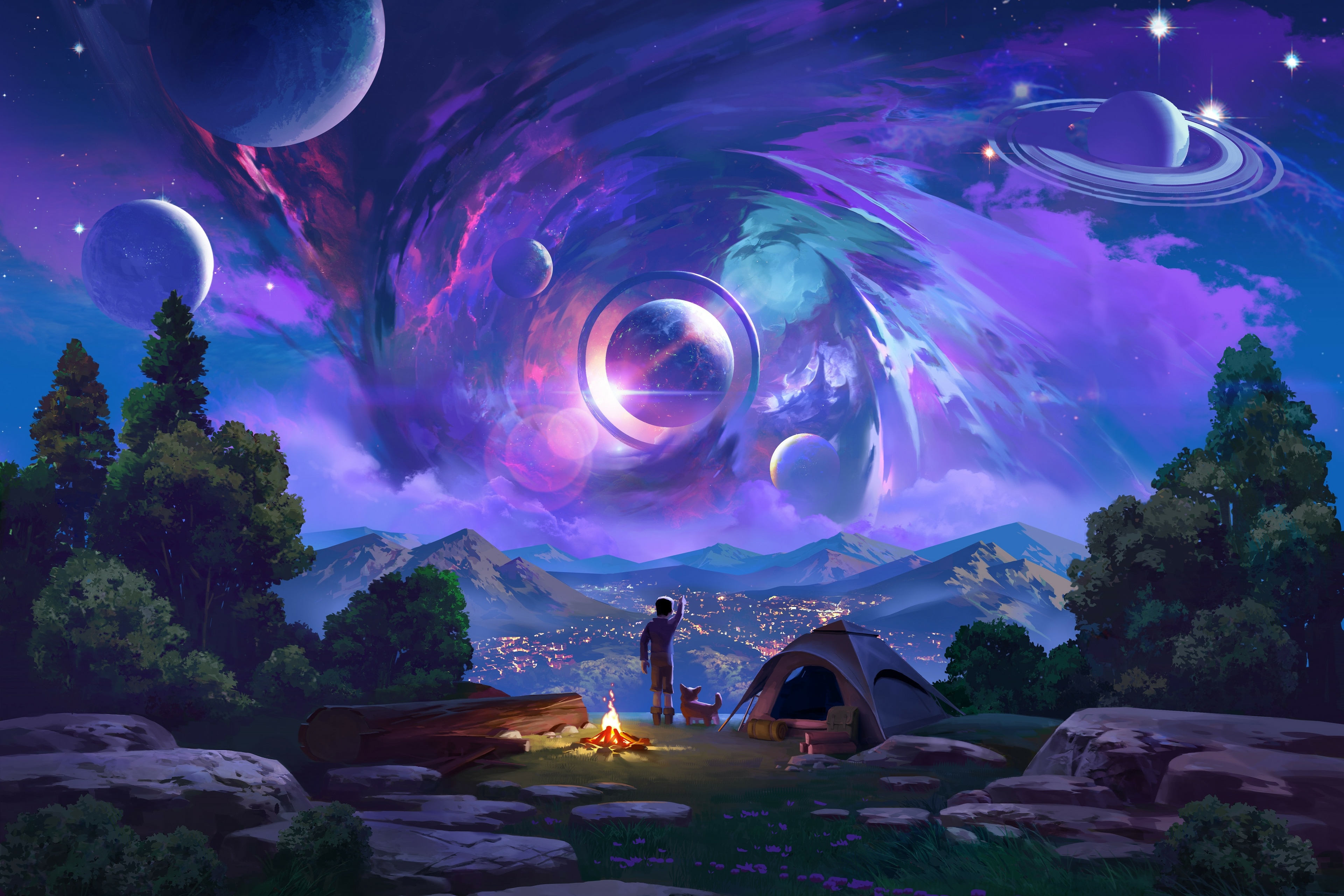 4K Fantasy Galaxy Camping with Planets and Mountains HD Wallpaper