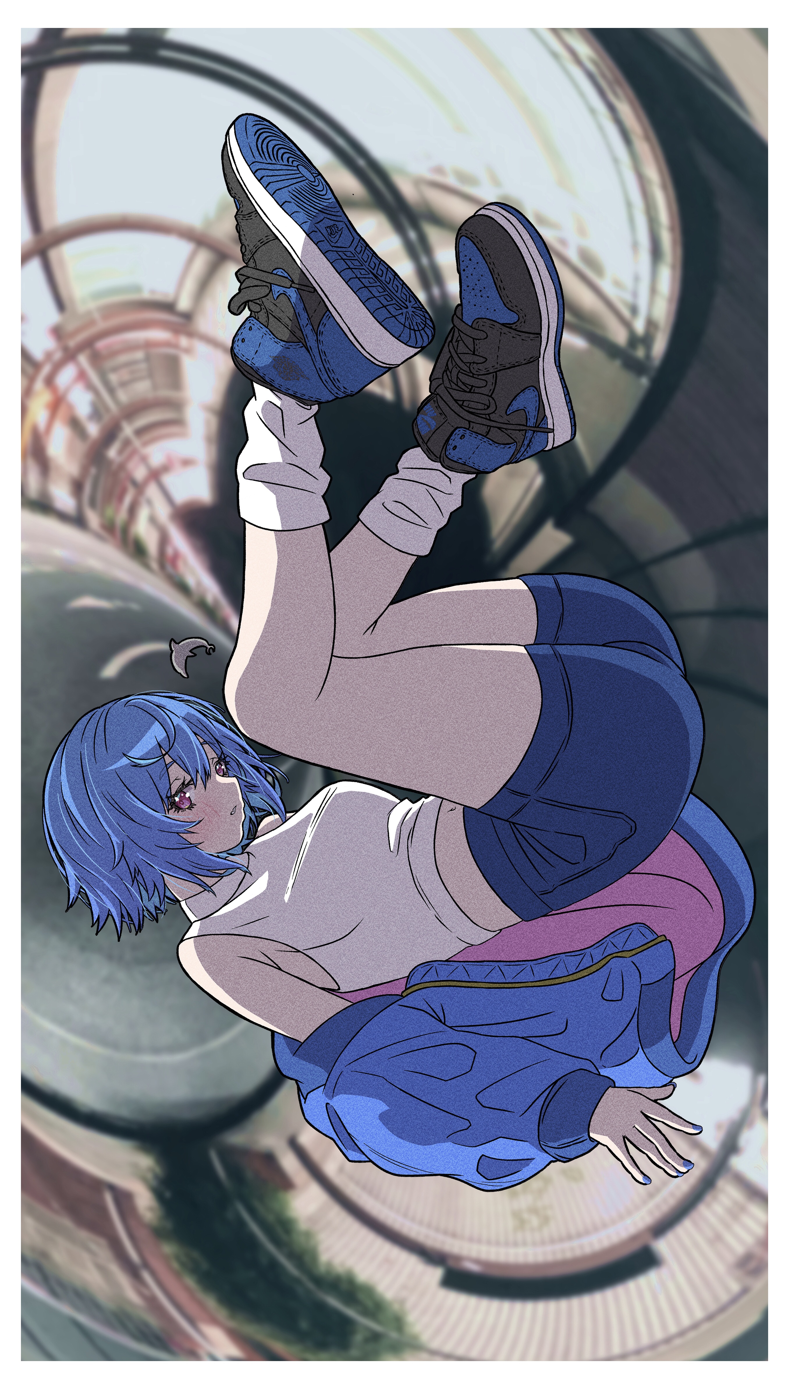 Virtual YouTuber with blue hair and red eyes wearing Nike shoes HD Phone Wallpaper