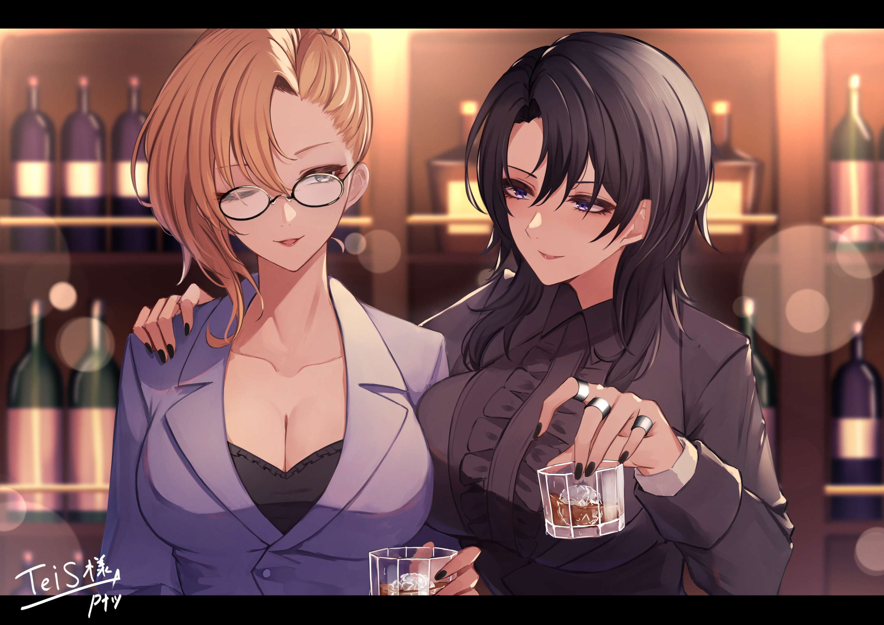 Two women with drinks at a bar HD Wallpaper