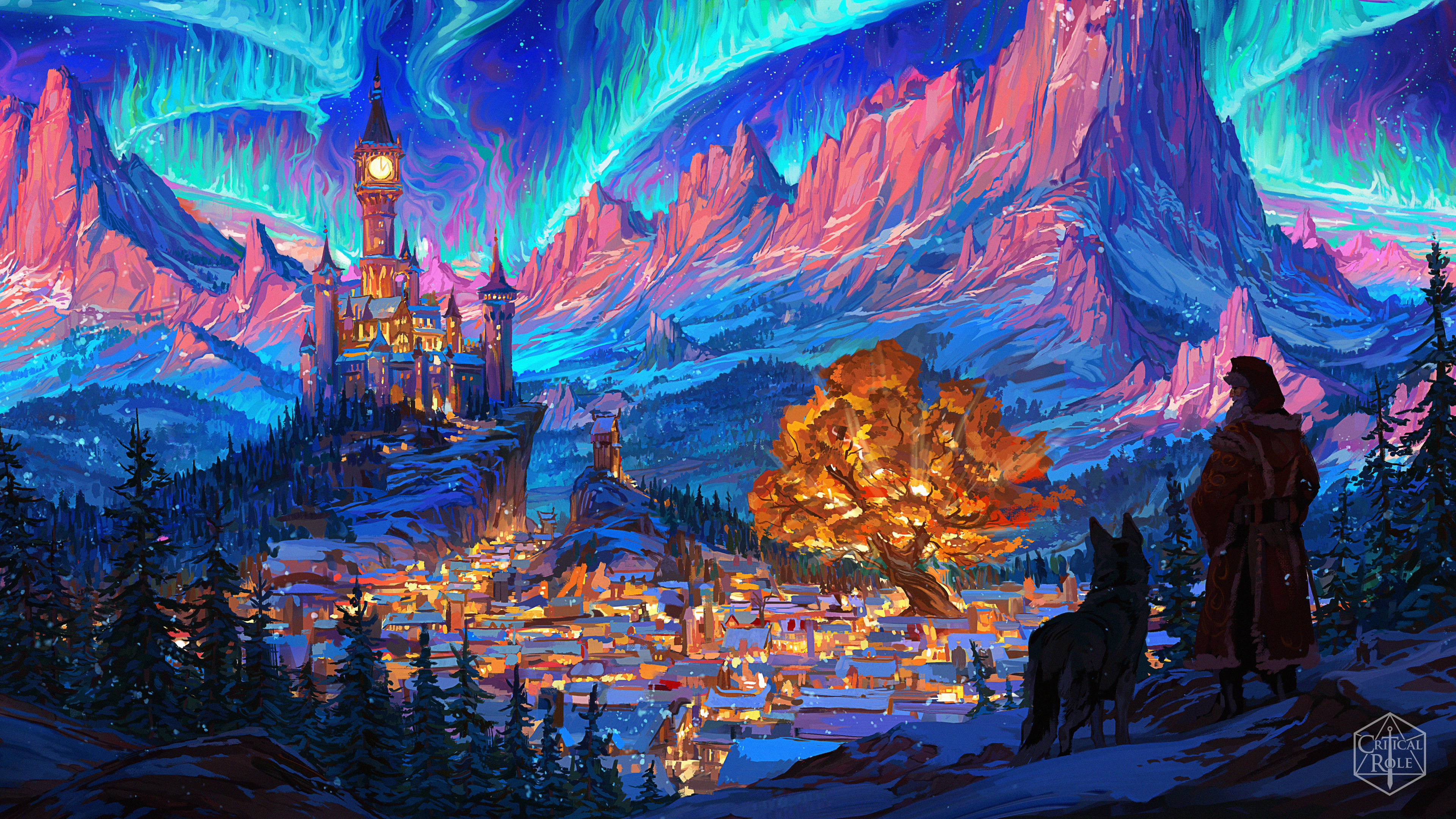 4K Critical Role Fantasy Castle and Town Under Aurora HD Wallpaper