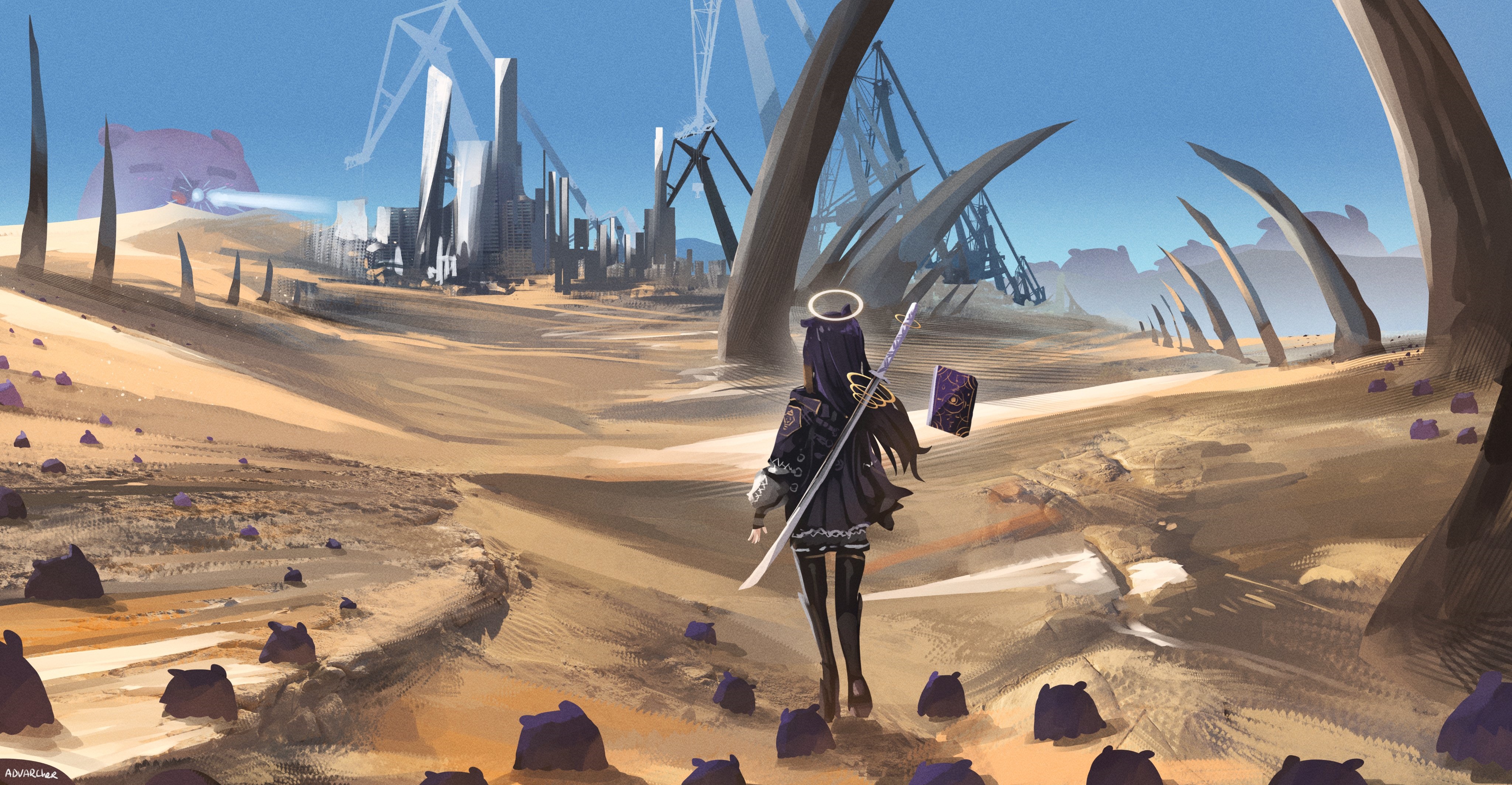 Ninomae Inanis with sword and book in desert HD Wallpaper