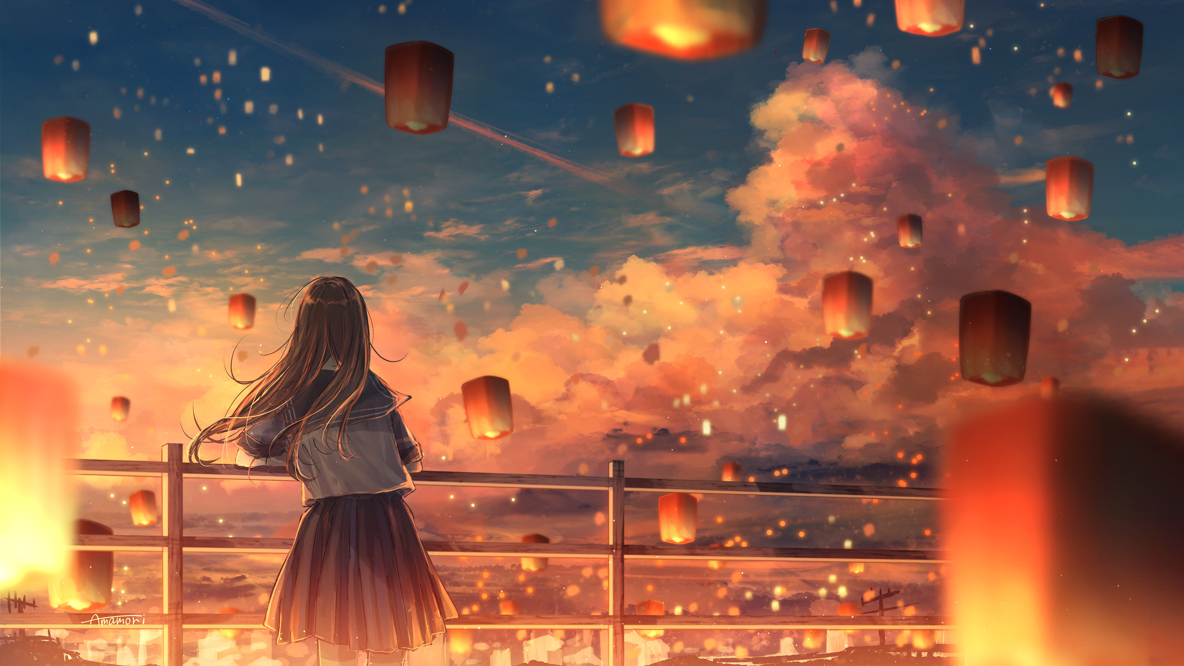 4K Sky Lanterns with Amenomori Howa HD Wallpaper