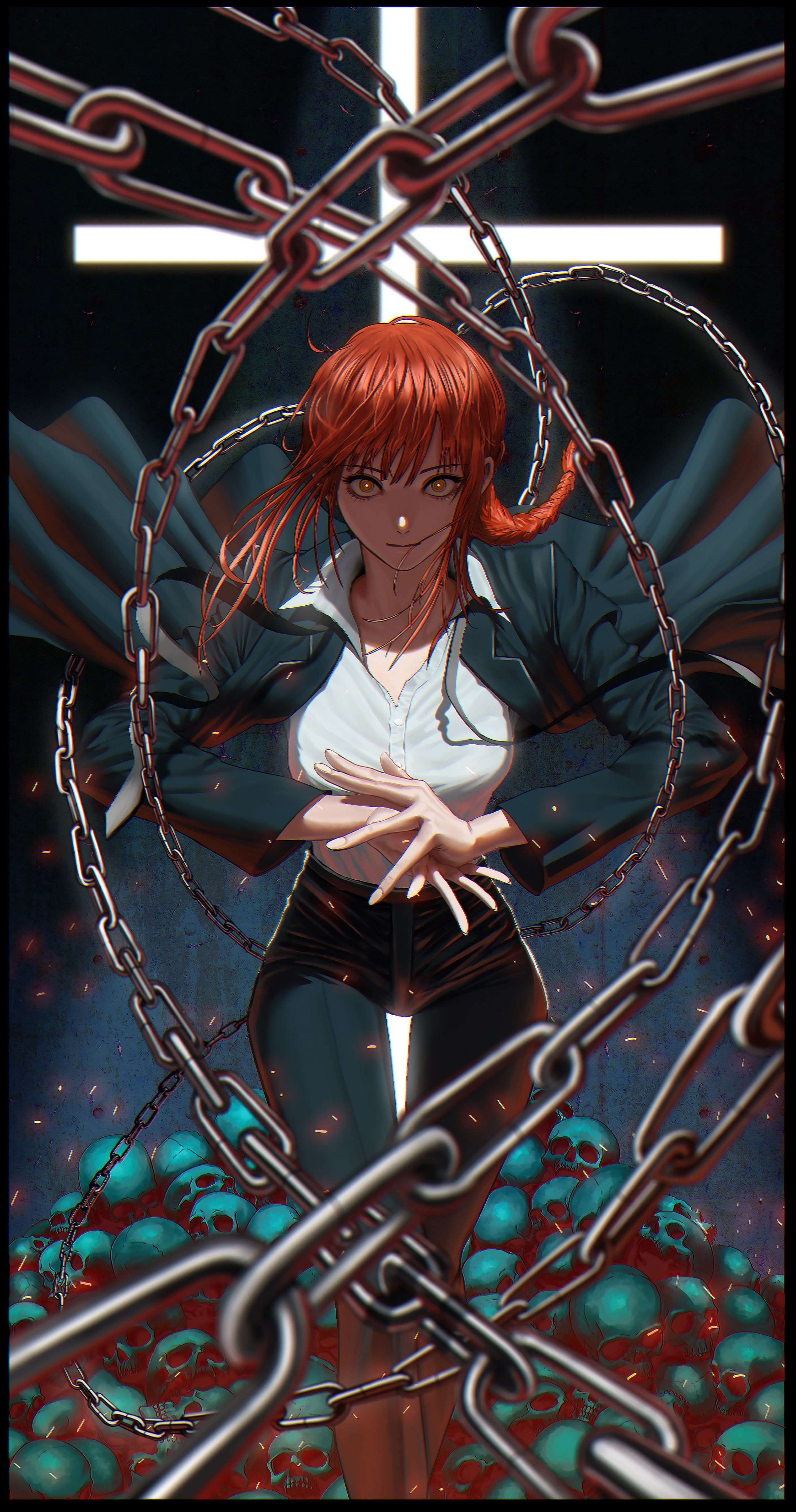 Makima from Chainsaw Man surrounded by chains and skulls HD Phone Wallpaper