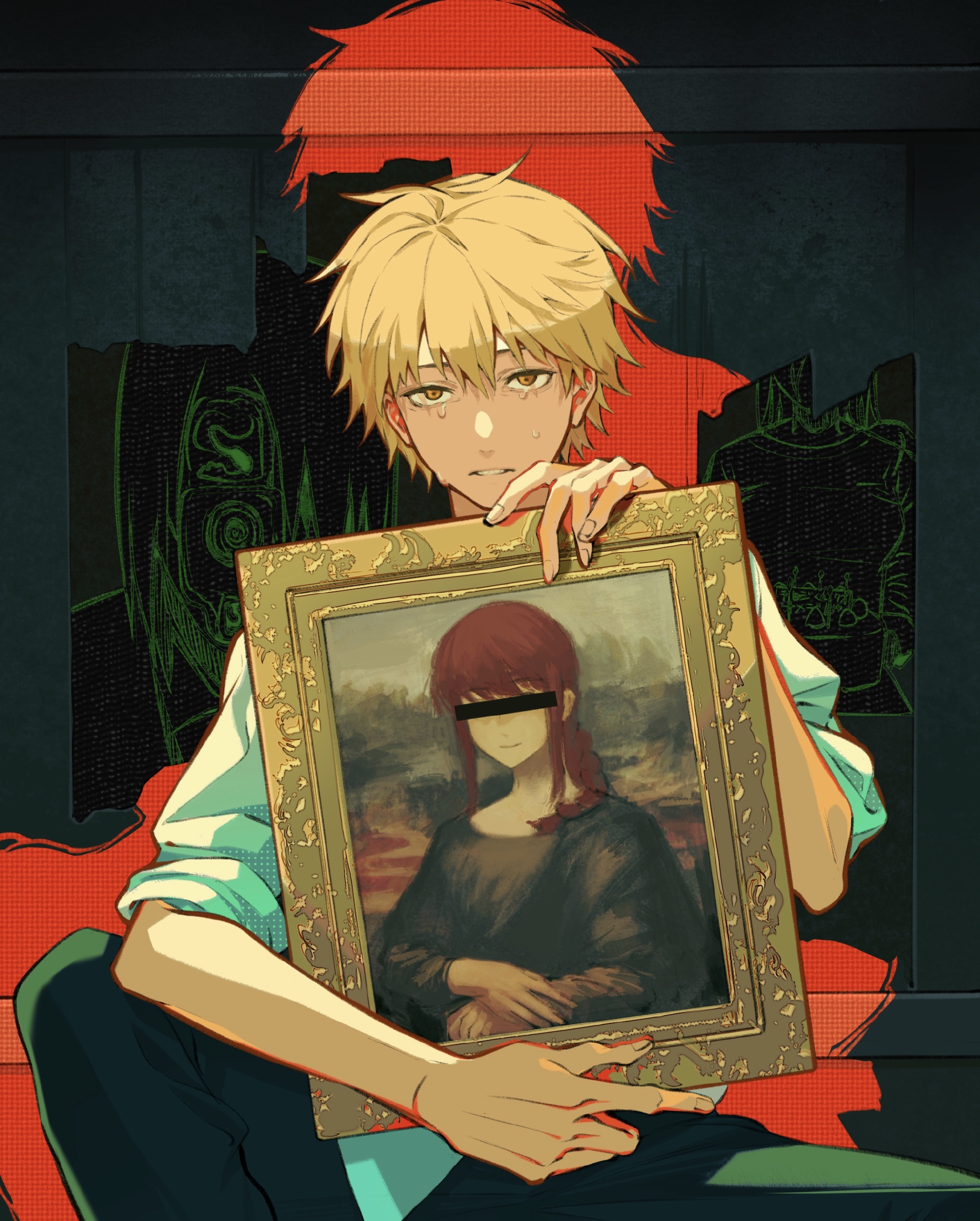 Denji holding a censored Mona Lisa painting, Chainsaw Man HD Phone Wallpaper