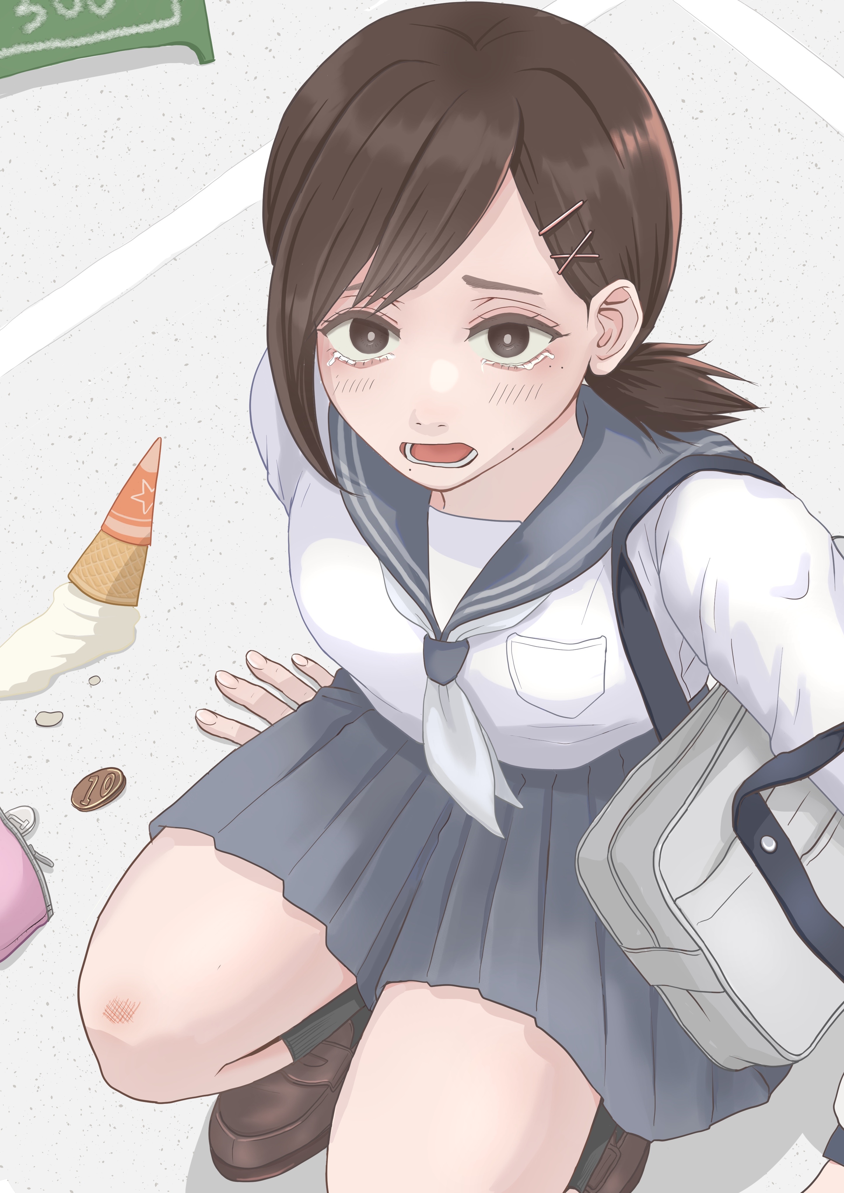 Kobeni Higashiyama from Chainsaw Man crying over dropped ice cream HD Phone Wallpaper