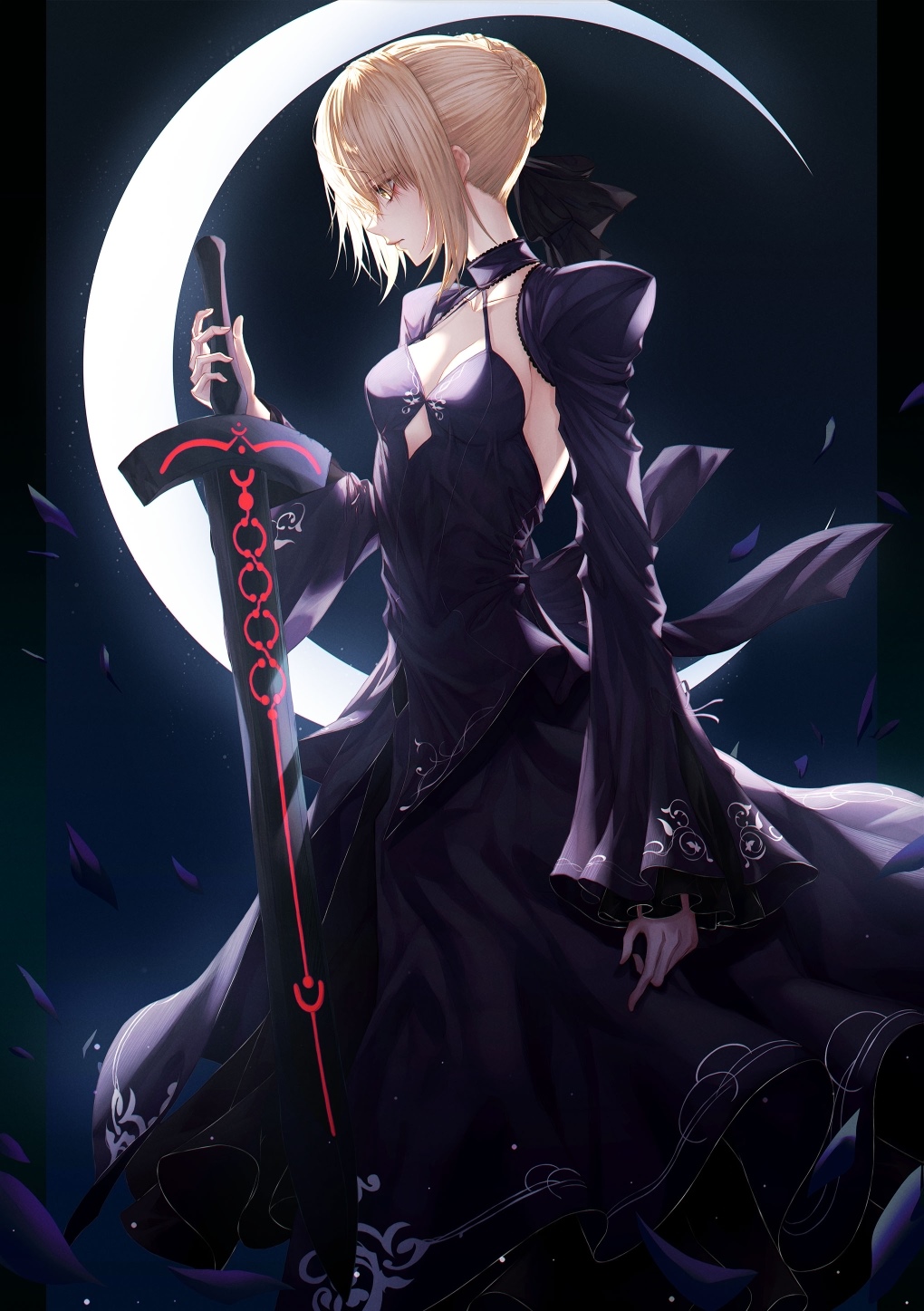 Saber with a sword and crescent moon HD Phone Wallpaper
