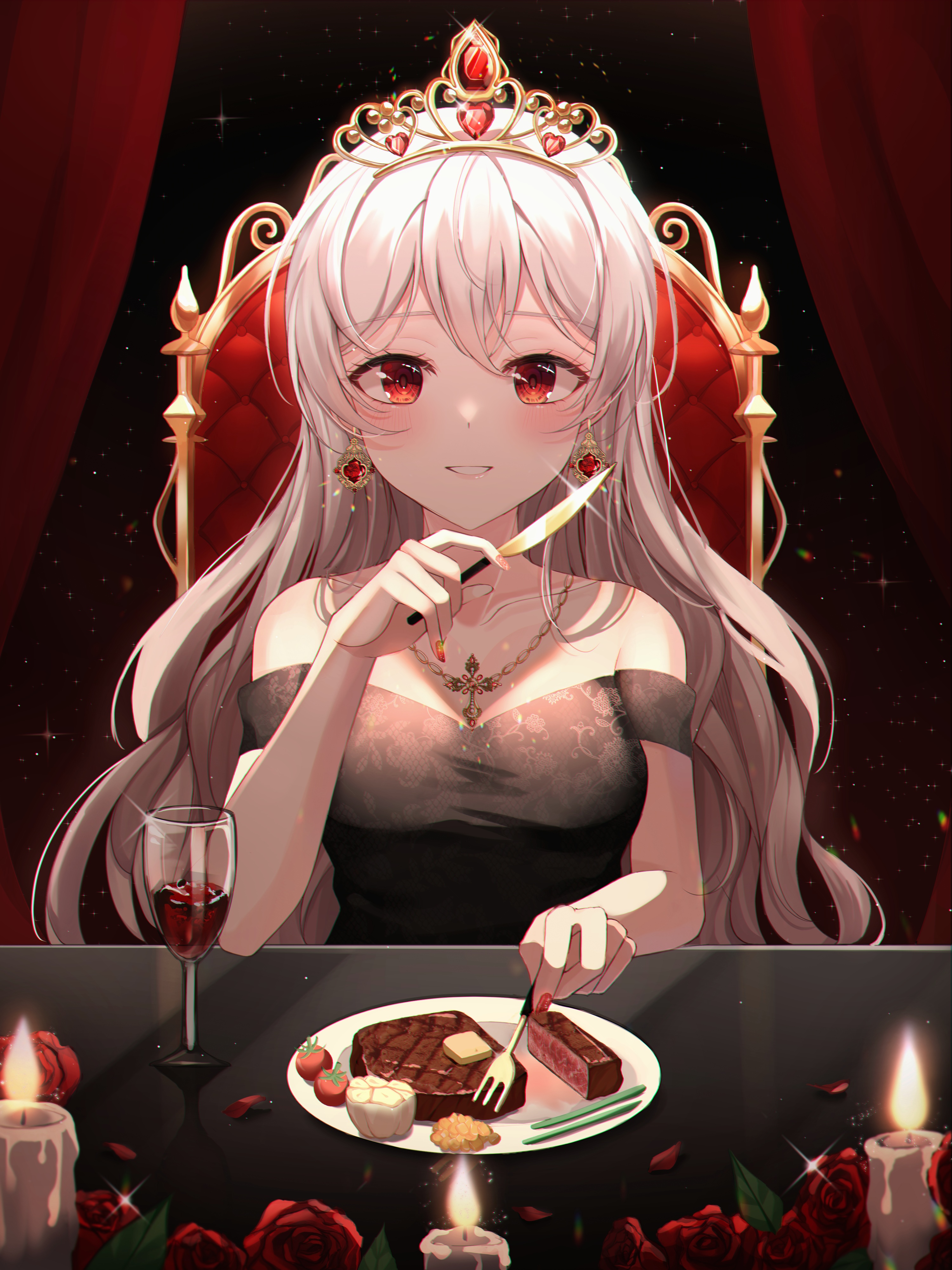Anime girl with tiara eating steak HD Phone Wallpaper