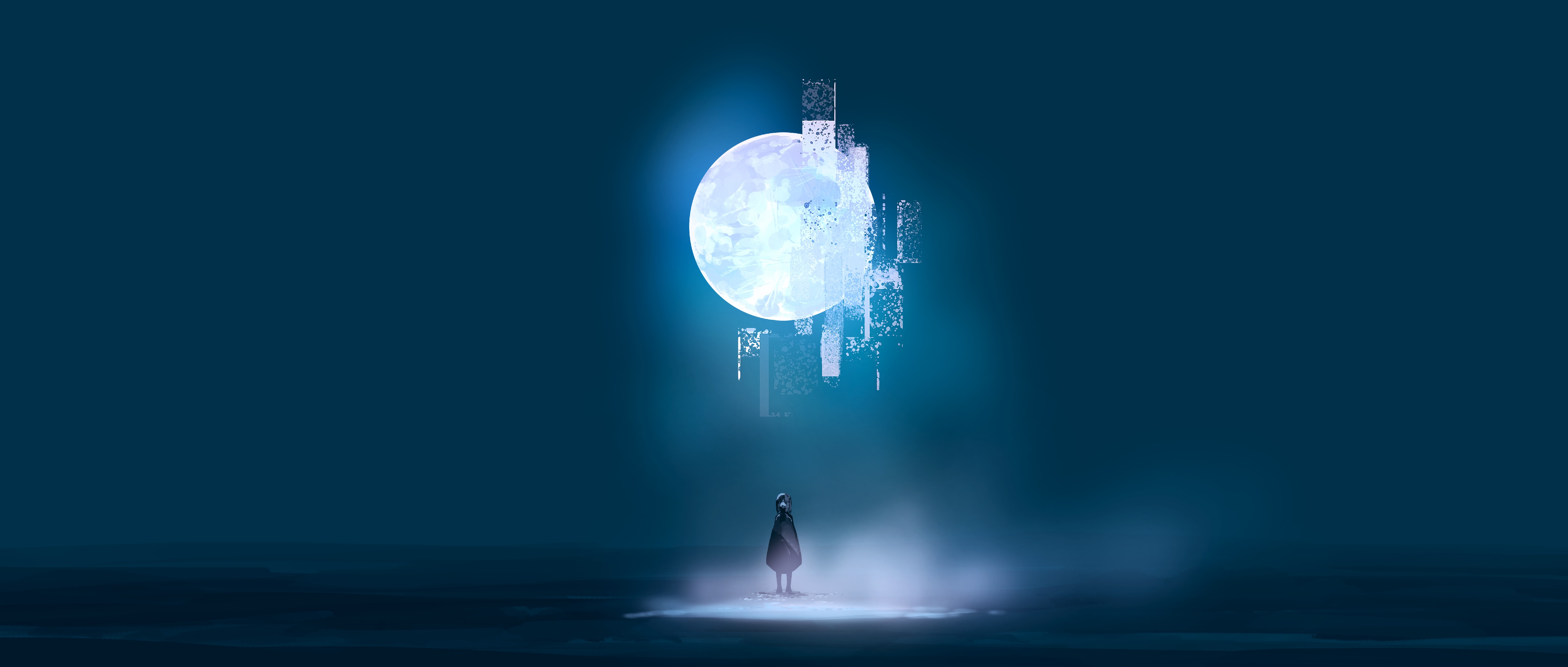 Abstract Moon and Figure in Blue Landscape HD Wallpaper