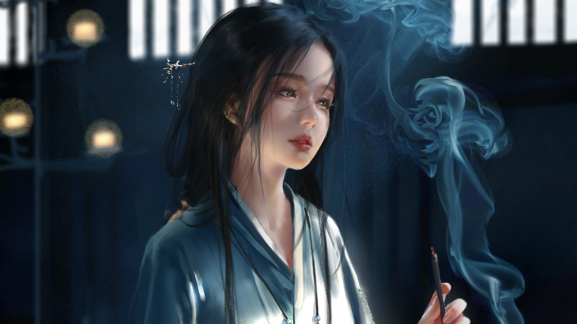 Artwork by WLOP featuring an Asian woman with incense HD Wallpaper