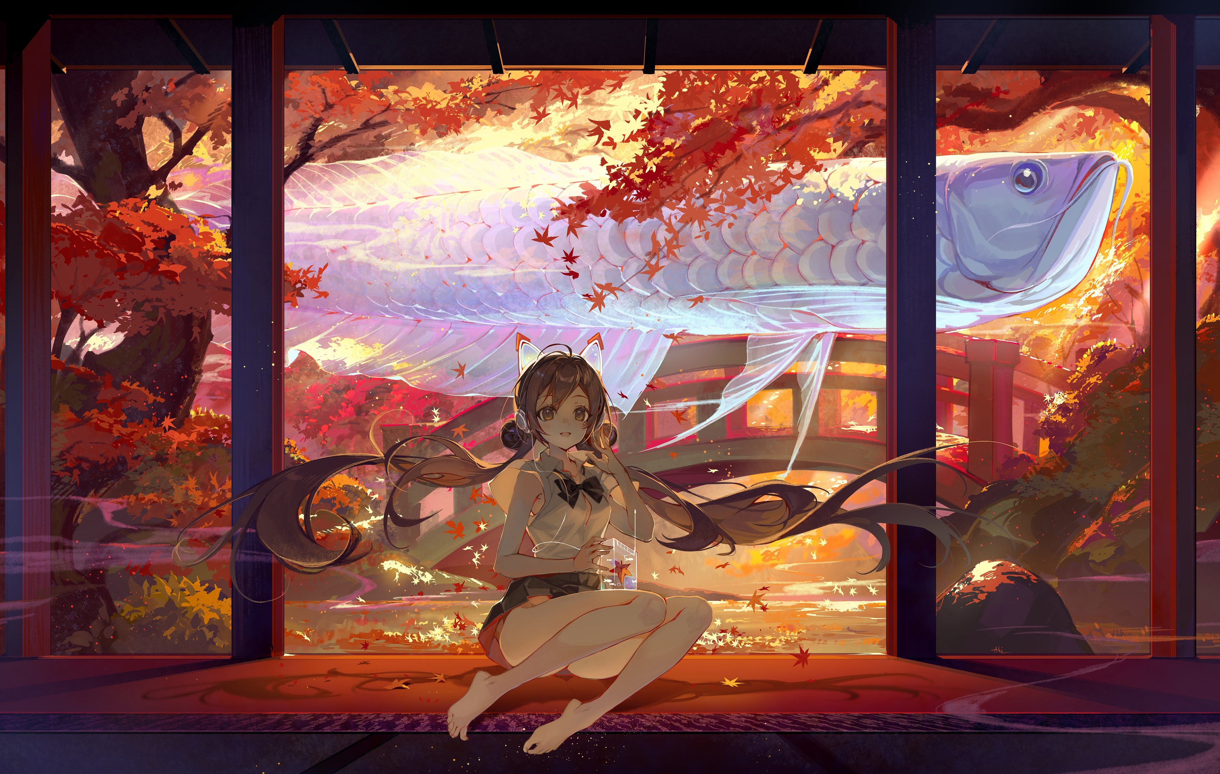 4K Anime Girl with Fish and Autumn Scenery HD Wallpaper