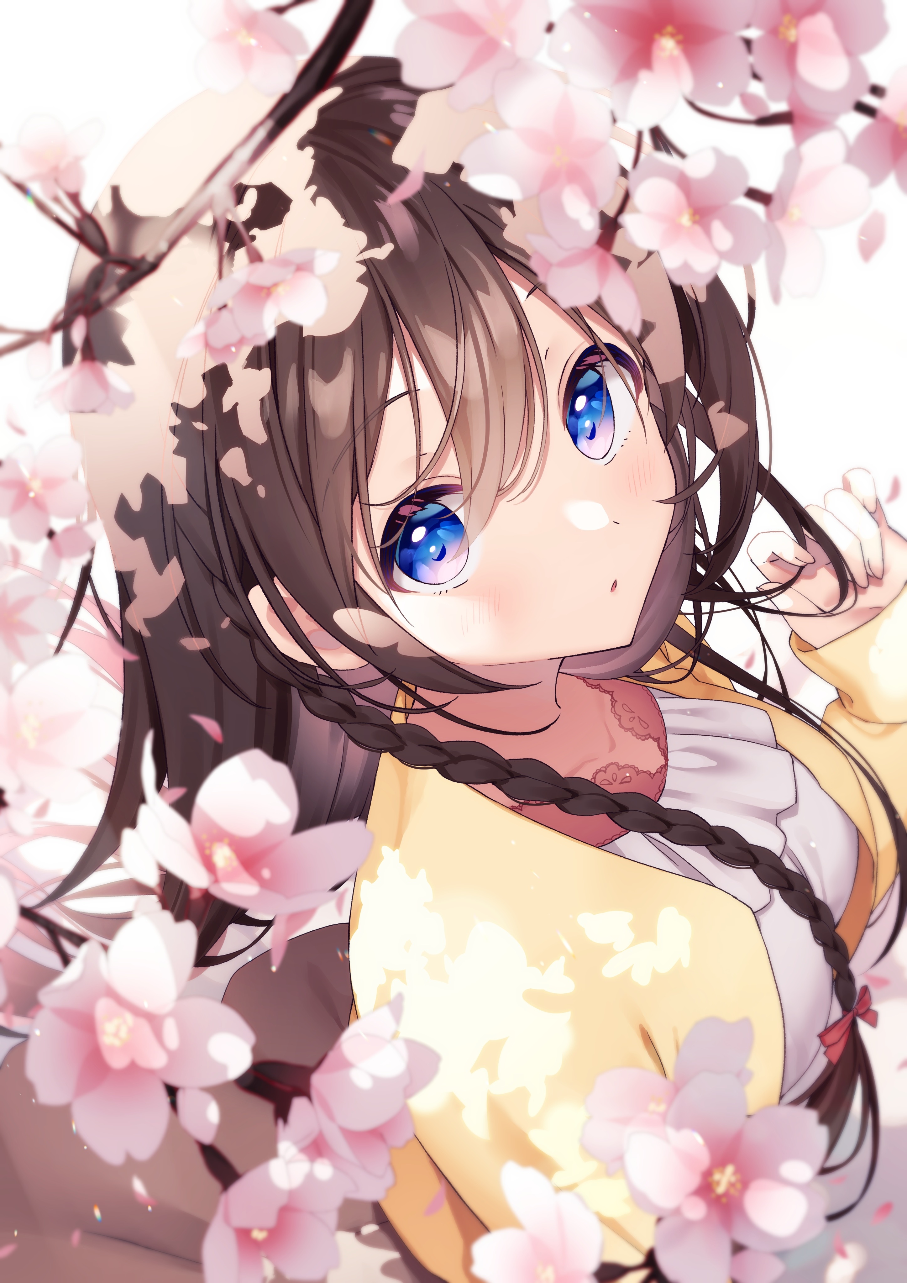 Anime girl with braids and blue eyes among cherry blossoms HD Phone Wallpaper