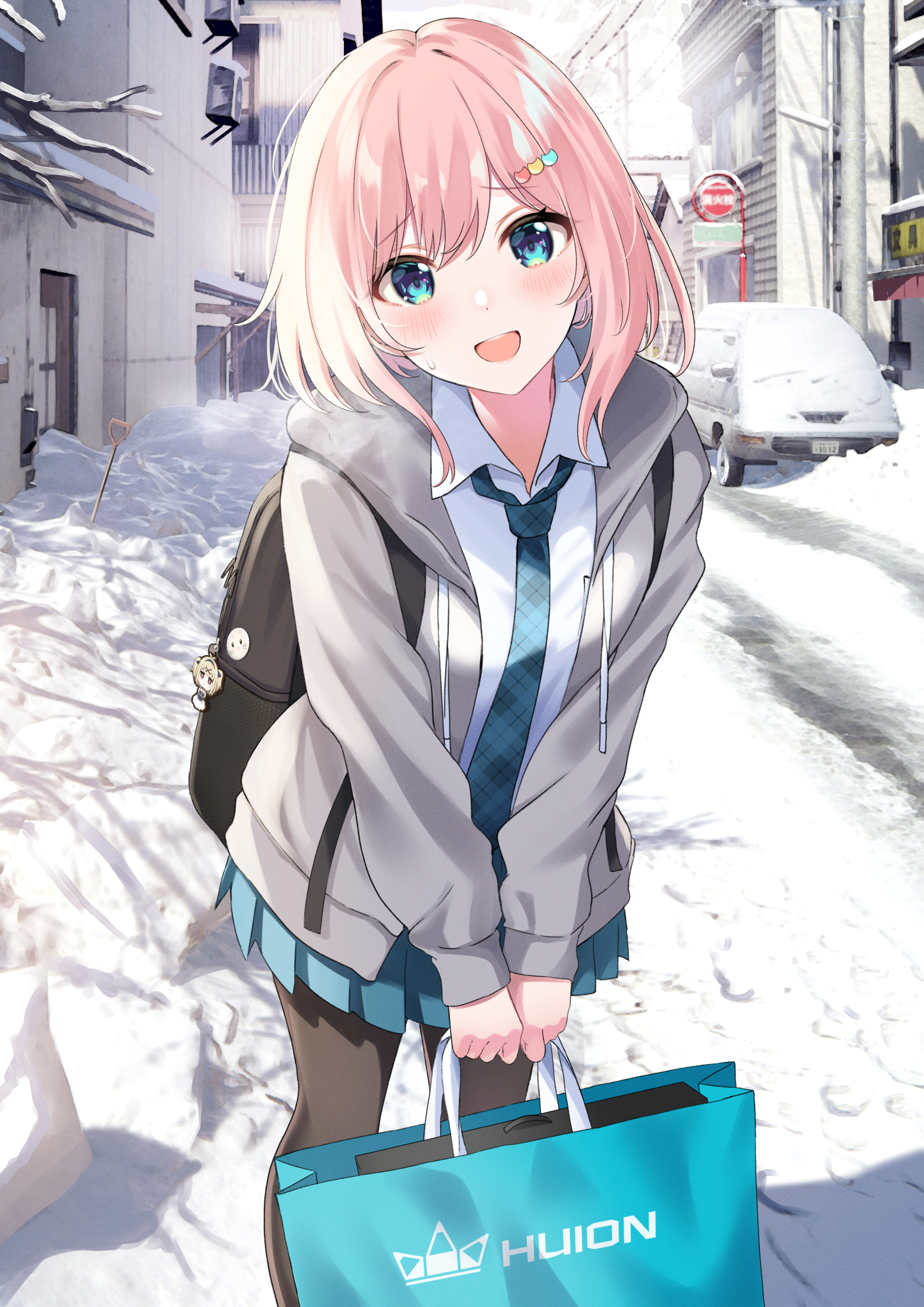 Girl with pink hair holding a shopping bag in the snow HD Phone Wallpaper