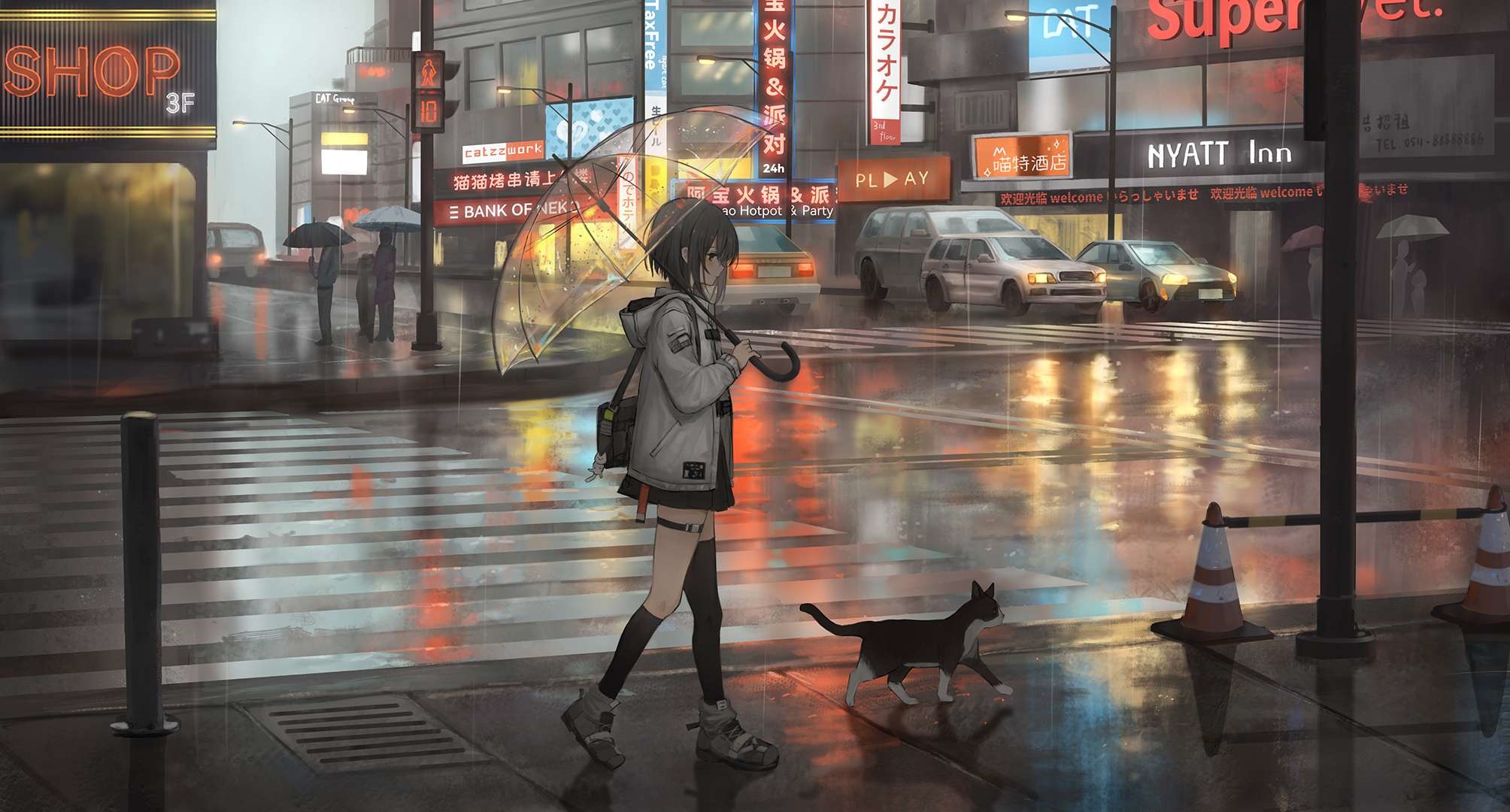 Anime girl with umbrella and cat in the rain HD Wallpaper