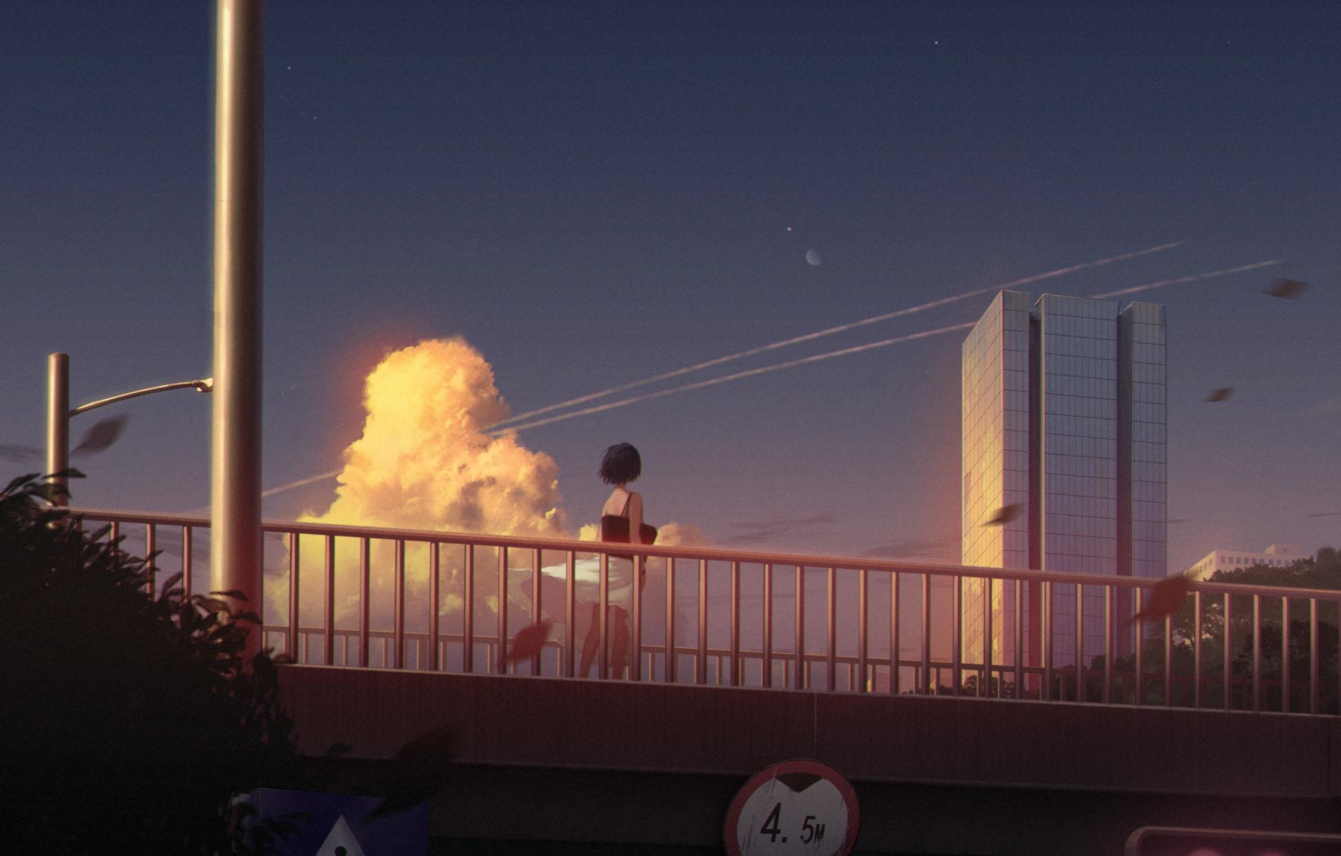 Girl on bridge watching sunset clouds HD Wallpaper