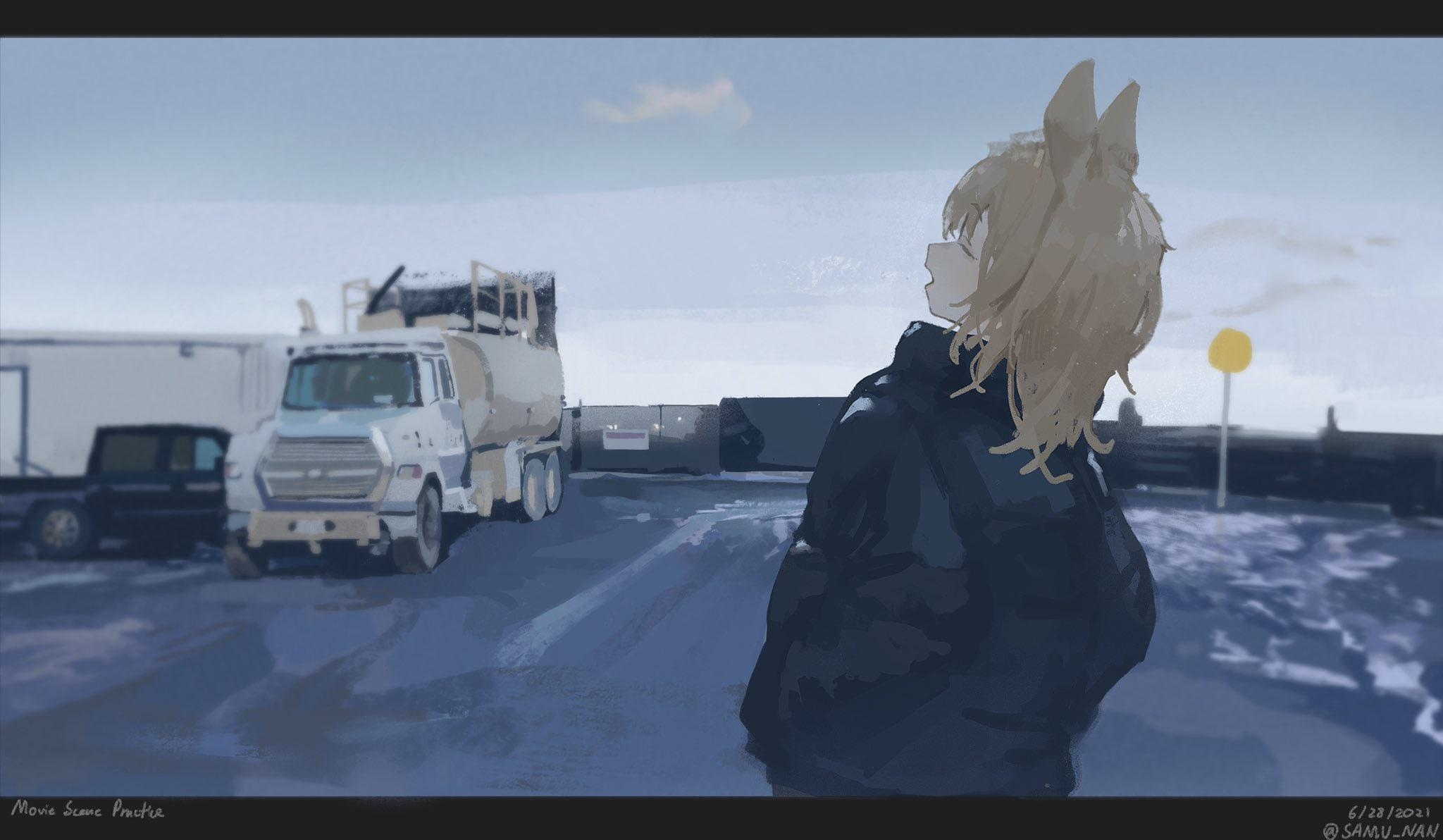 Anime girl with animal ears and trucks HD Wallpaper