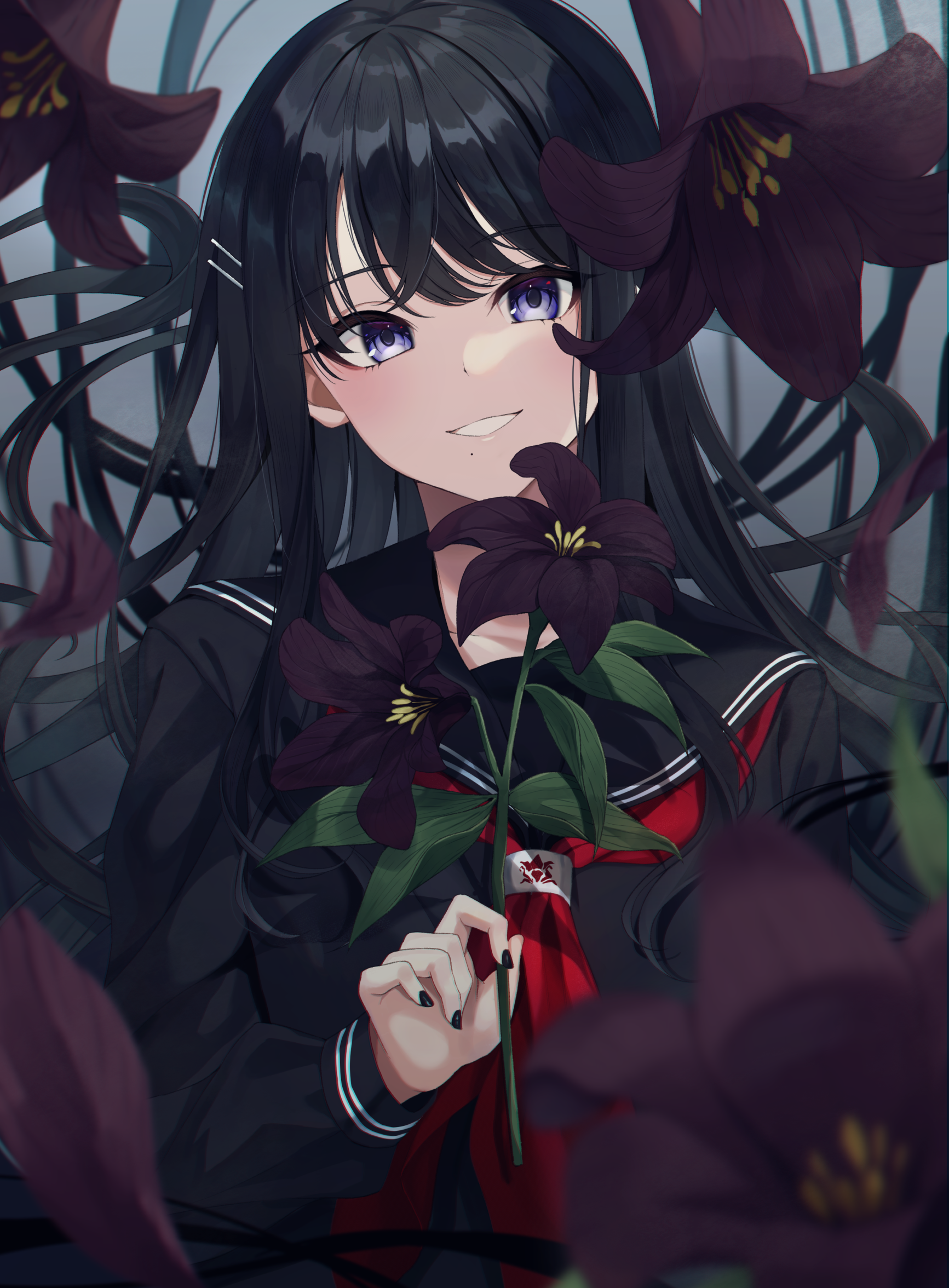 Girl in school uniform with dark flowers HD Phone Wallpaper