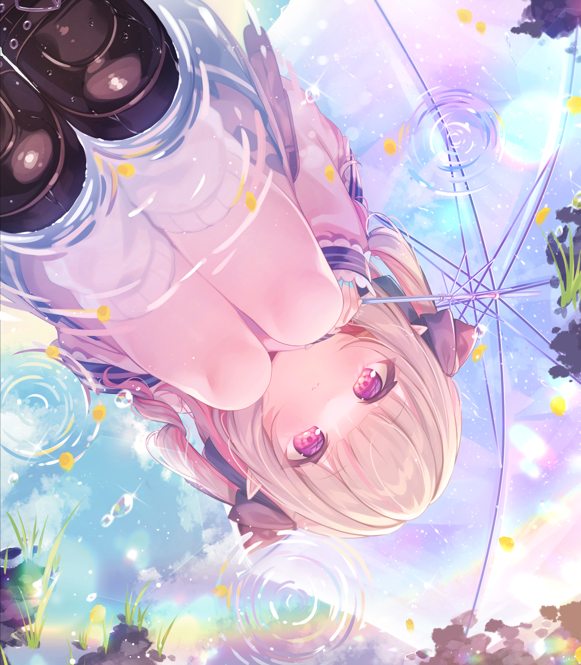 Anime girl with purple eyes and blonde hair under an umbrella HD Phone Wallpaper
